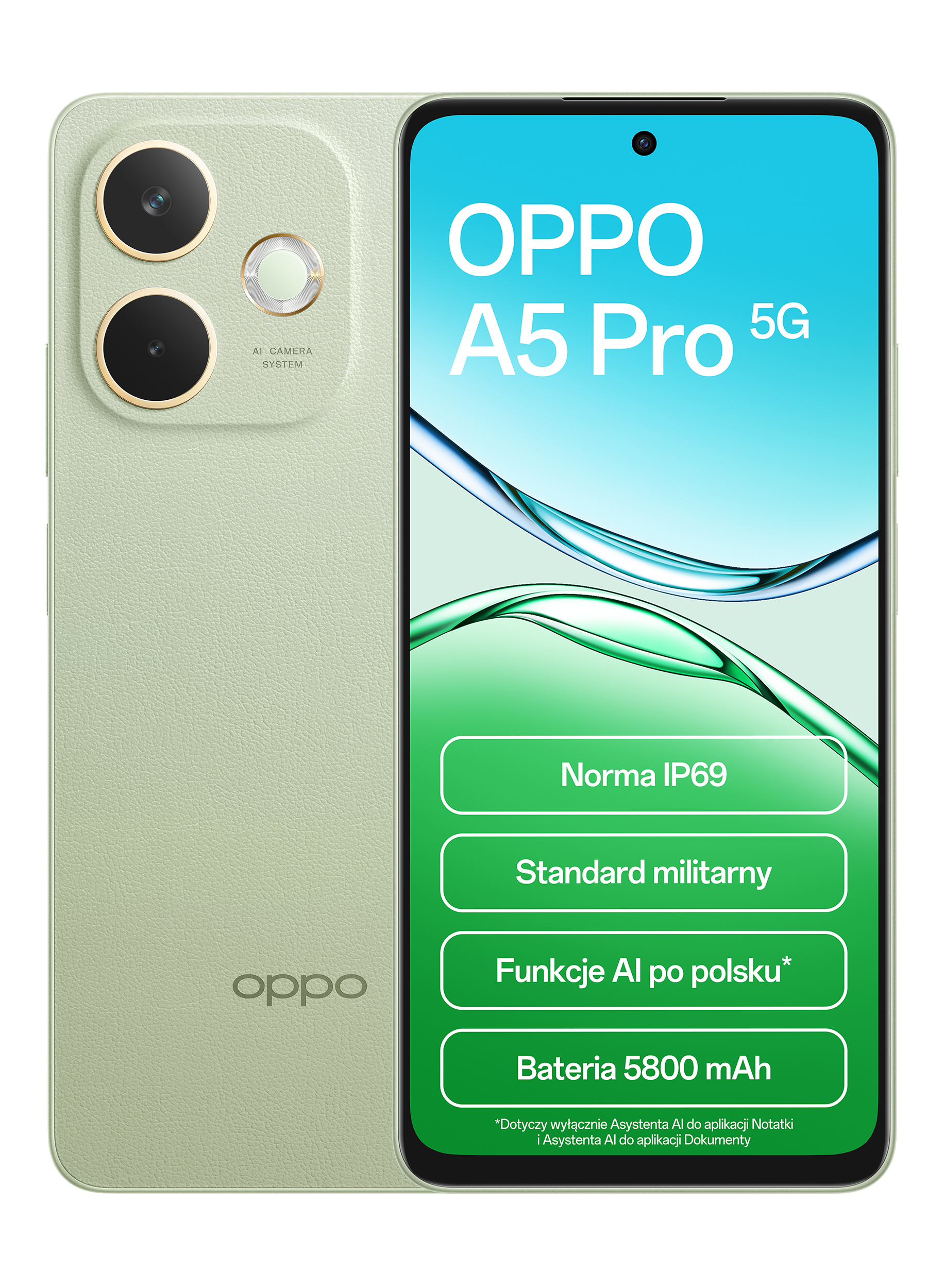 Zielony telefon Oppo A5 Pro 5G. Funkcje obejmują IP69, standard wojskowy i baterię 5800 mAh.