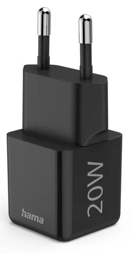 Czarna ładowarka Hama 20W z dwoma srebrnymi pinami.