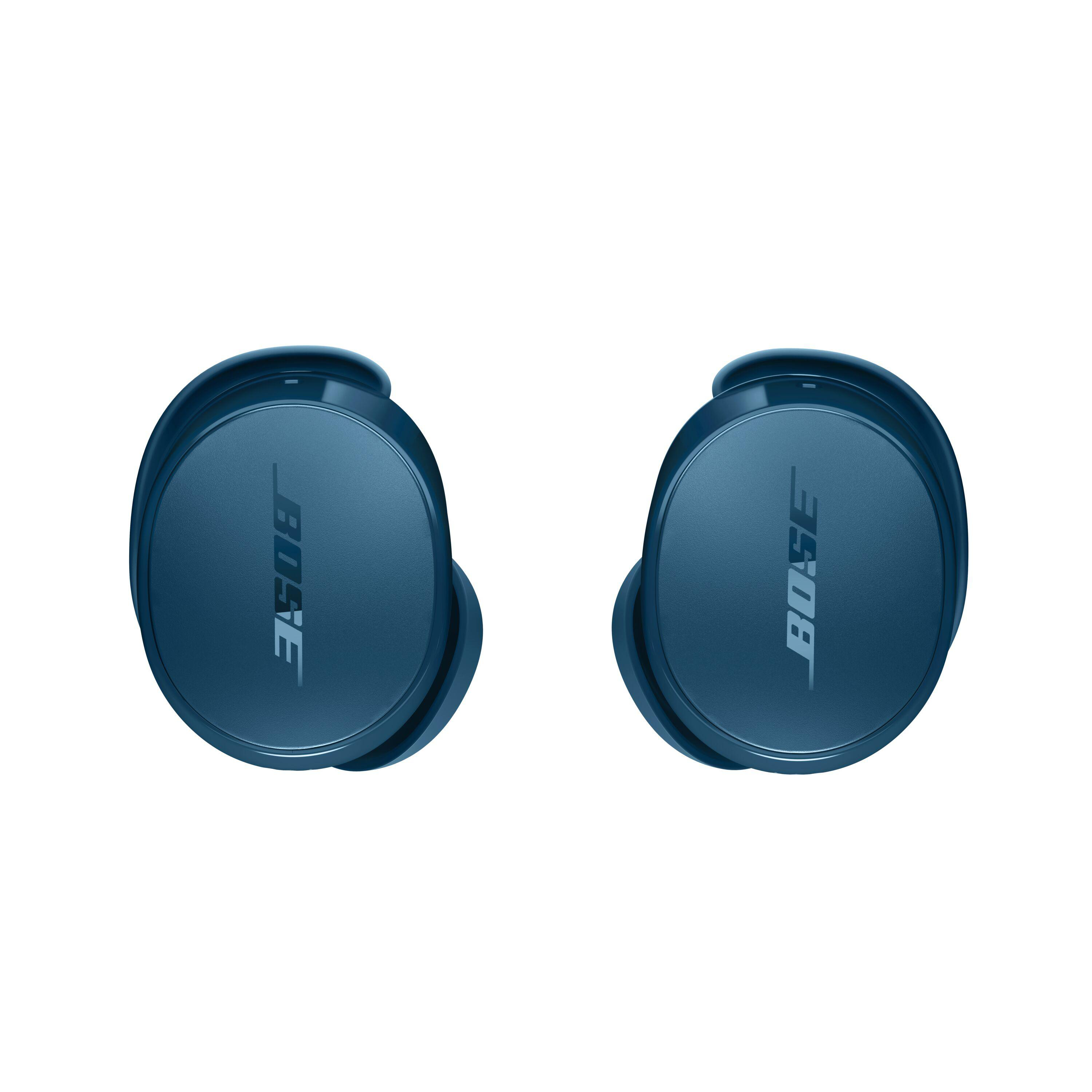 Zwei blaue Bose-Ohrhörer von oben, die Logos zeigend.
