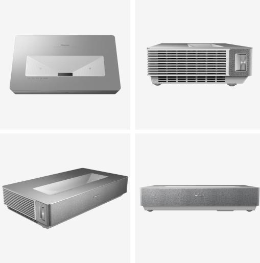 Cztery szare projektory, różne projekty, na białym tle. Każdy pokazuje inny widok projektora.