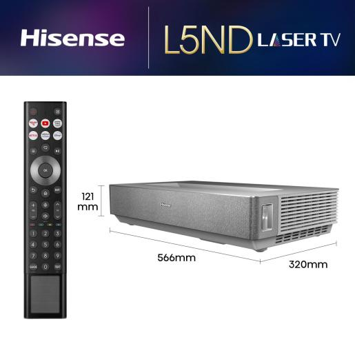 Telewizor laserowy Hisense L5ND z pilotem, wymiary: 566 mm x 320 mm x 121 mm.