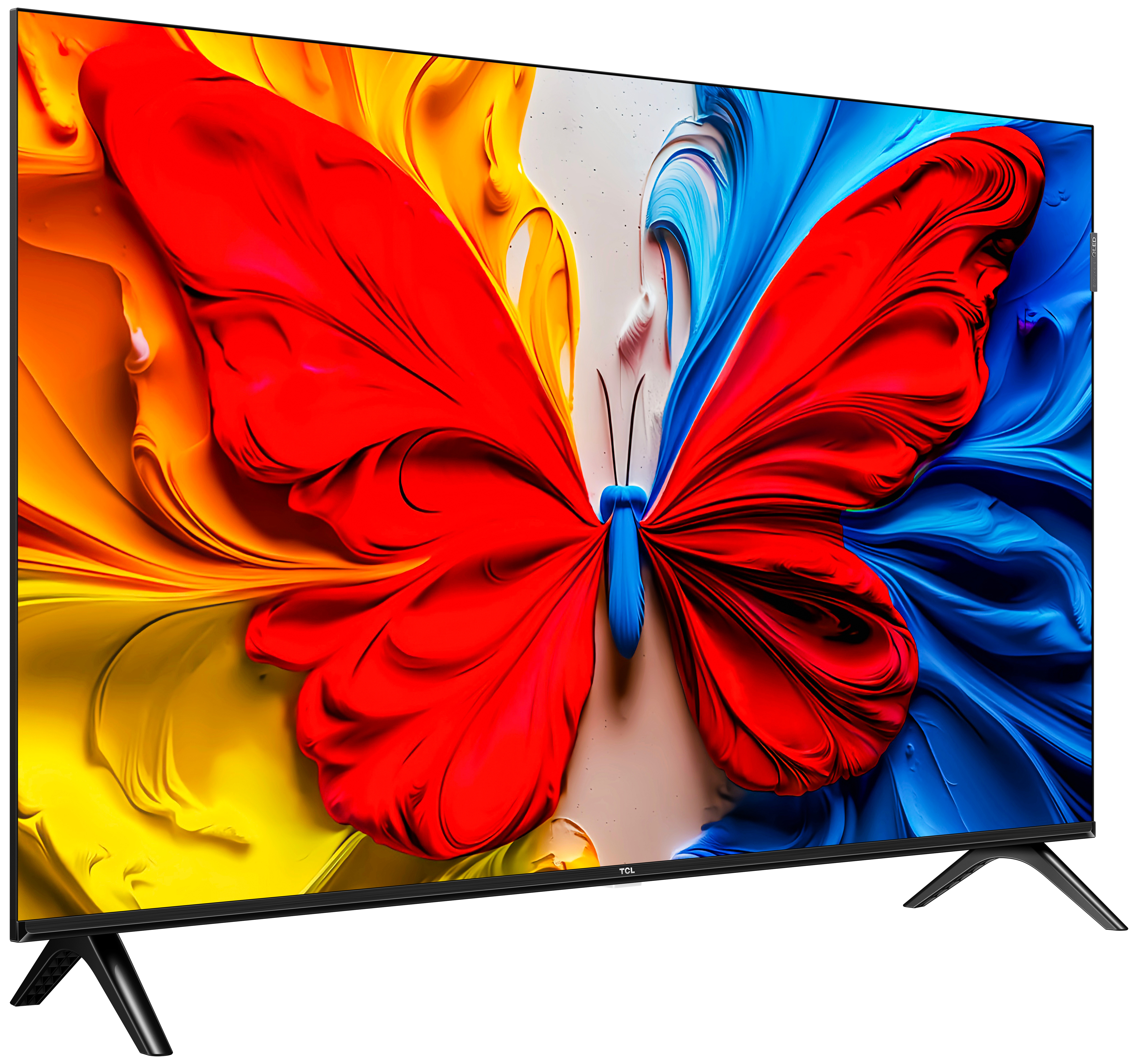 TV-Bildschirm mit einem Schmetterling mit roten, gelben und blauen Flügeln.