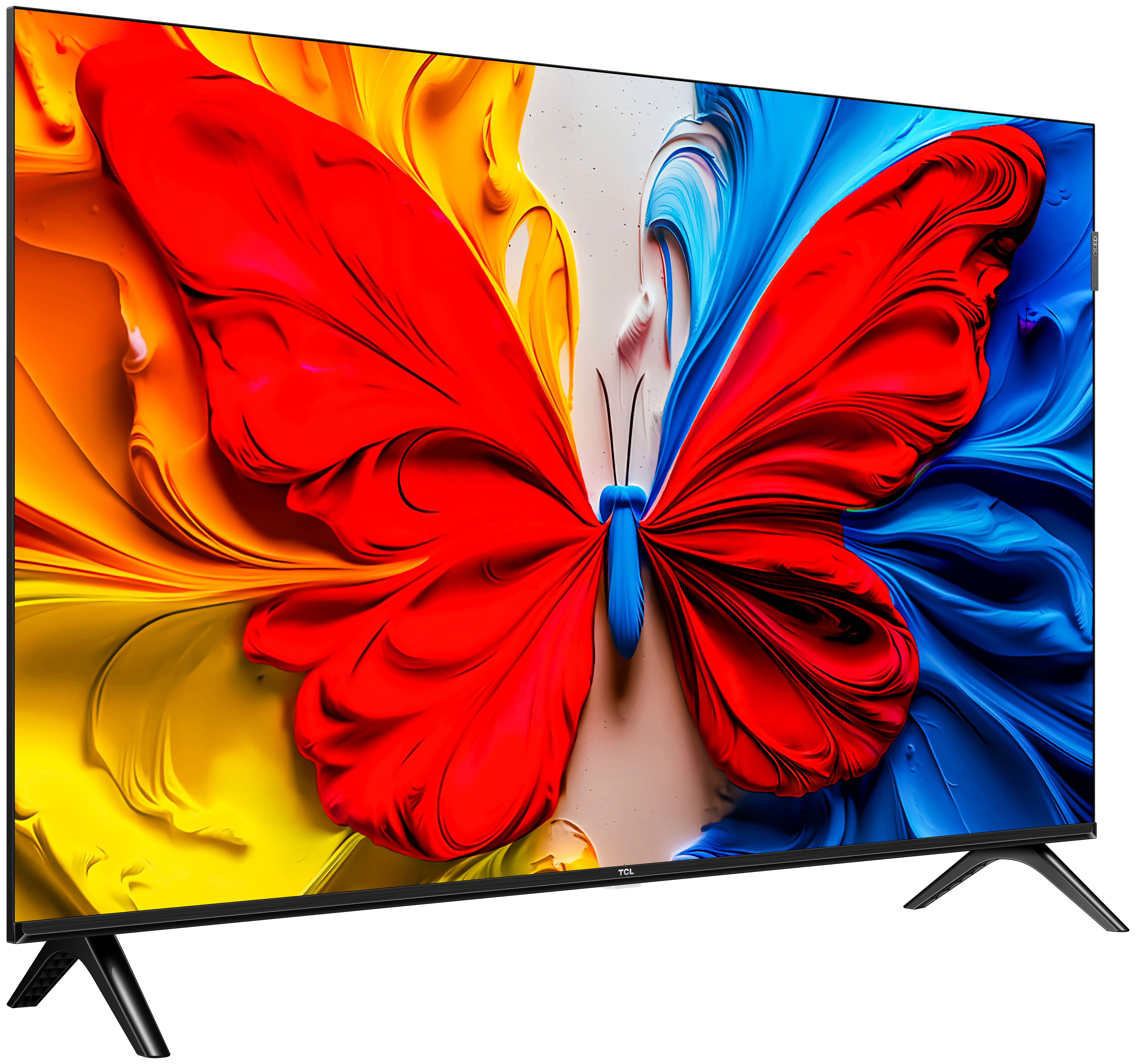 TCL-Fernseher zeigt einen Schmetterling. Rote Flügel links, blaue rechts. Gelber und weißer Hintergrund. Schwarze Beine tragen den Fernseher.