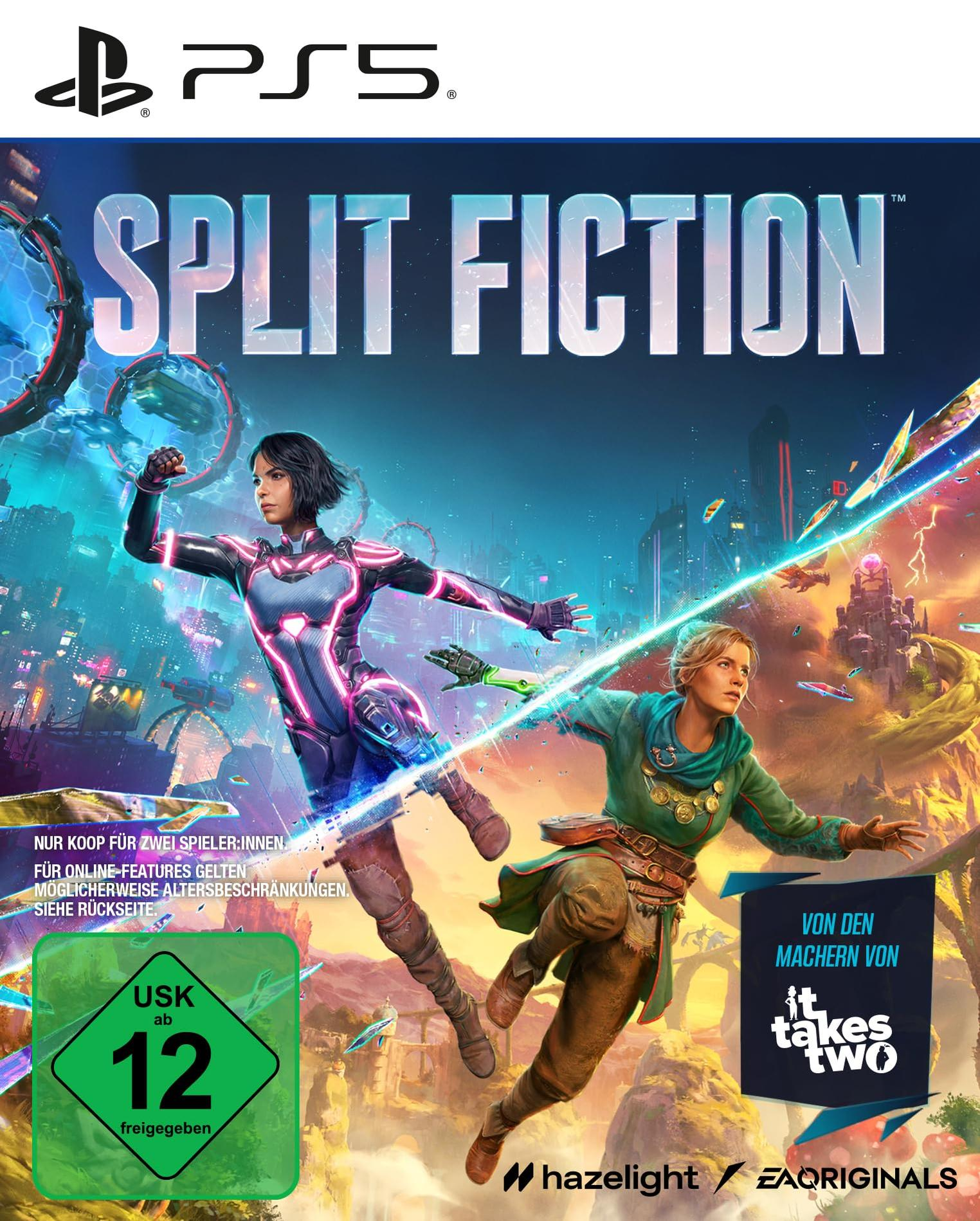 Spielcover: Split Fiction auf PS5. Zwei Charaktere in futuristischen Outfits. Bunter Hintergrund.