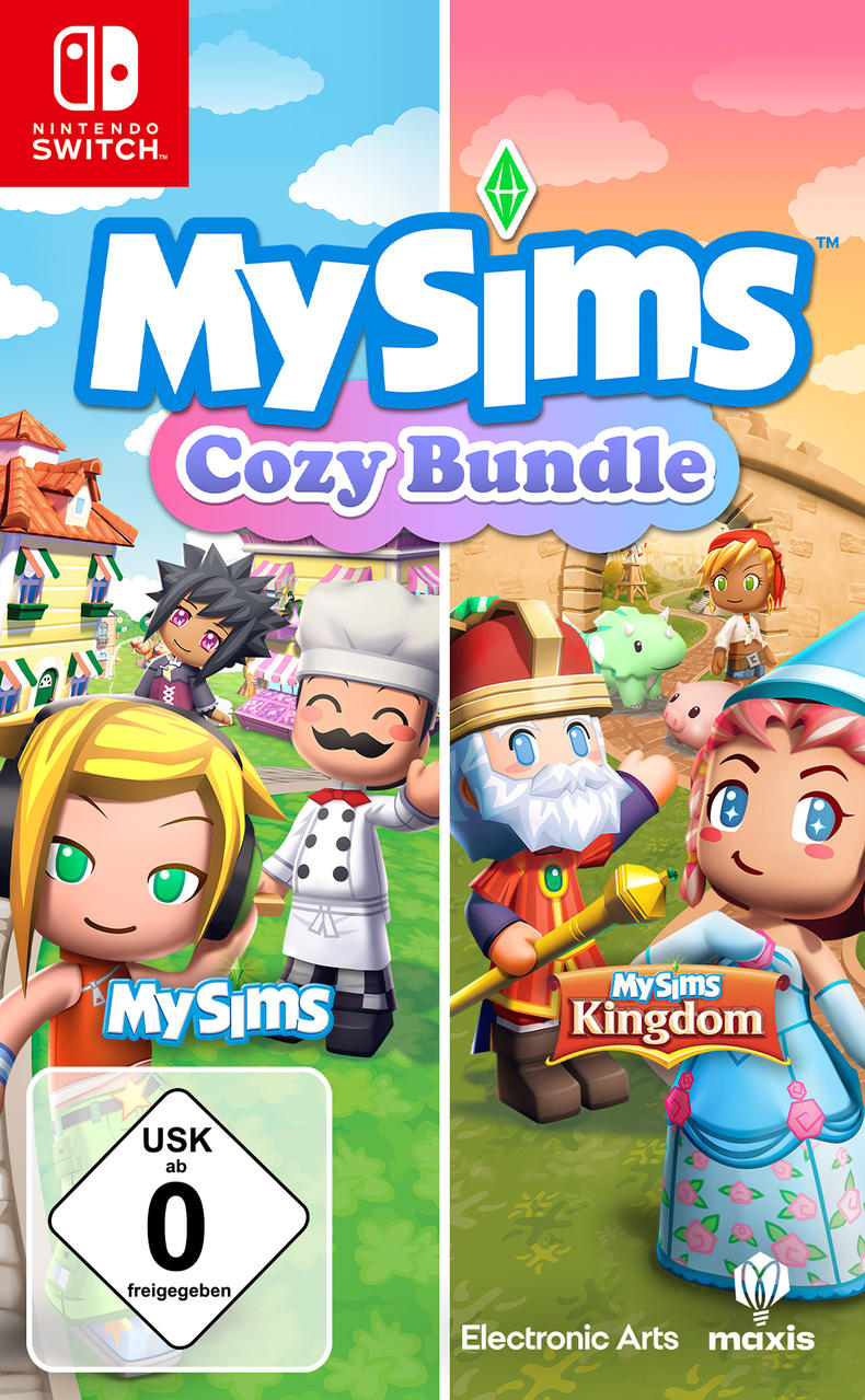 Spielcover: MySims Cozy Bundle, zwei Spielabschnitte. Cartoon-Charaktere und leuchtende Farben.