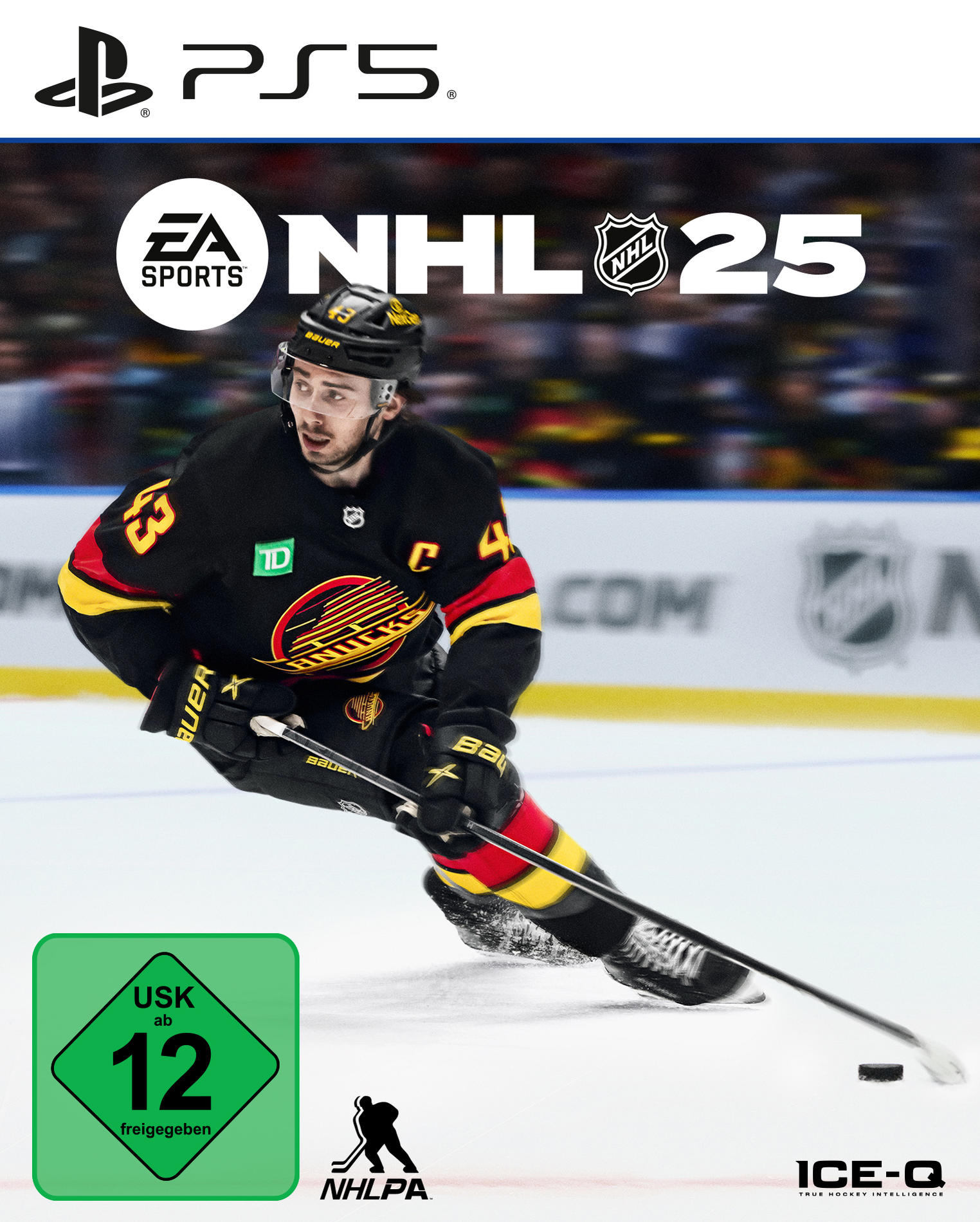 NHL 25-Spielcover. Ein Hockeyspieler im schwarz-gelben Trikot fährt mit einem Puck. PS5-Logo oben.