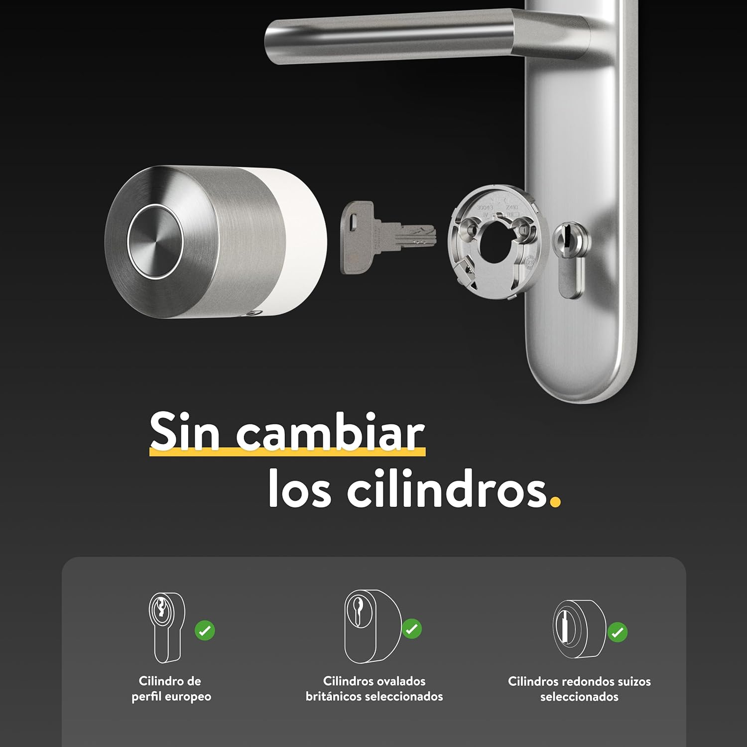 Cilindro y llave de cerradura inteligente. Texto: "Sin cambiar los cilindros." Se muestran tres tipos de cilindros.