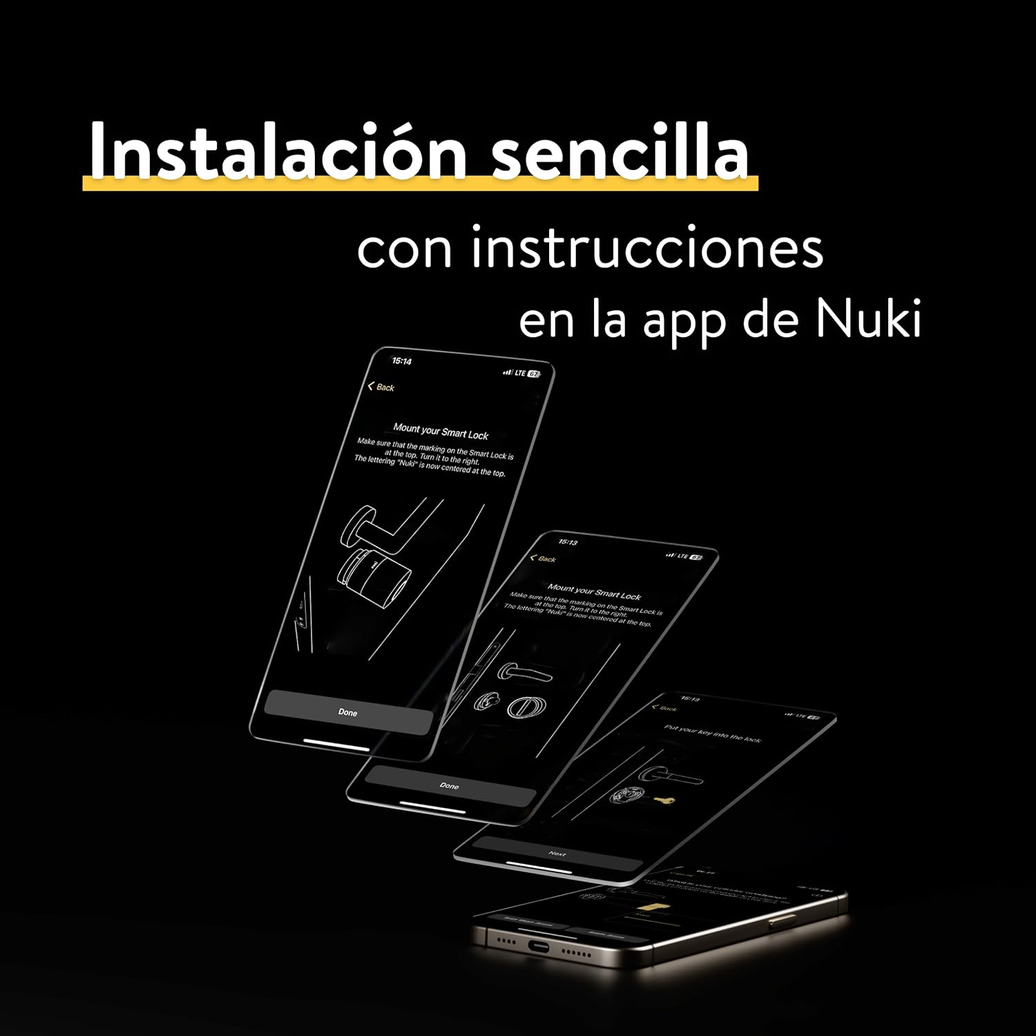 Instrucciones de la app de cerradura inteligente en teléfonos. Texto: "Fácil instalación con instrucciones en la app Nuki."
