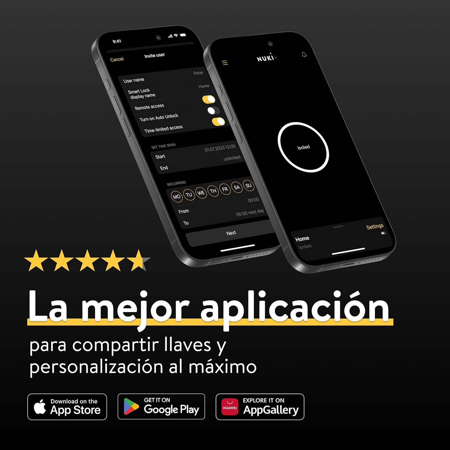 Dos smartphones muestran interfaces de aplicaciones. Uno muestra ajustes, el otro una pantalla bloqueada. Logotipo de la app y texto abajo.