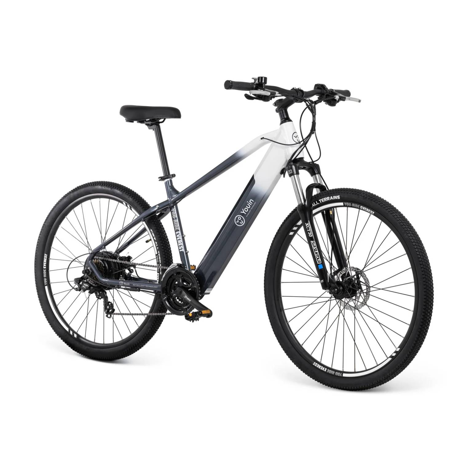 Una bicicleta eléctrica con un cuadro degradado. Está fotografiada sobre un fondo blanco. Vista frontal.