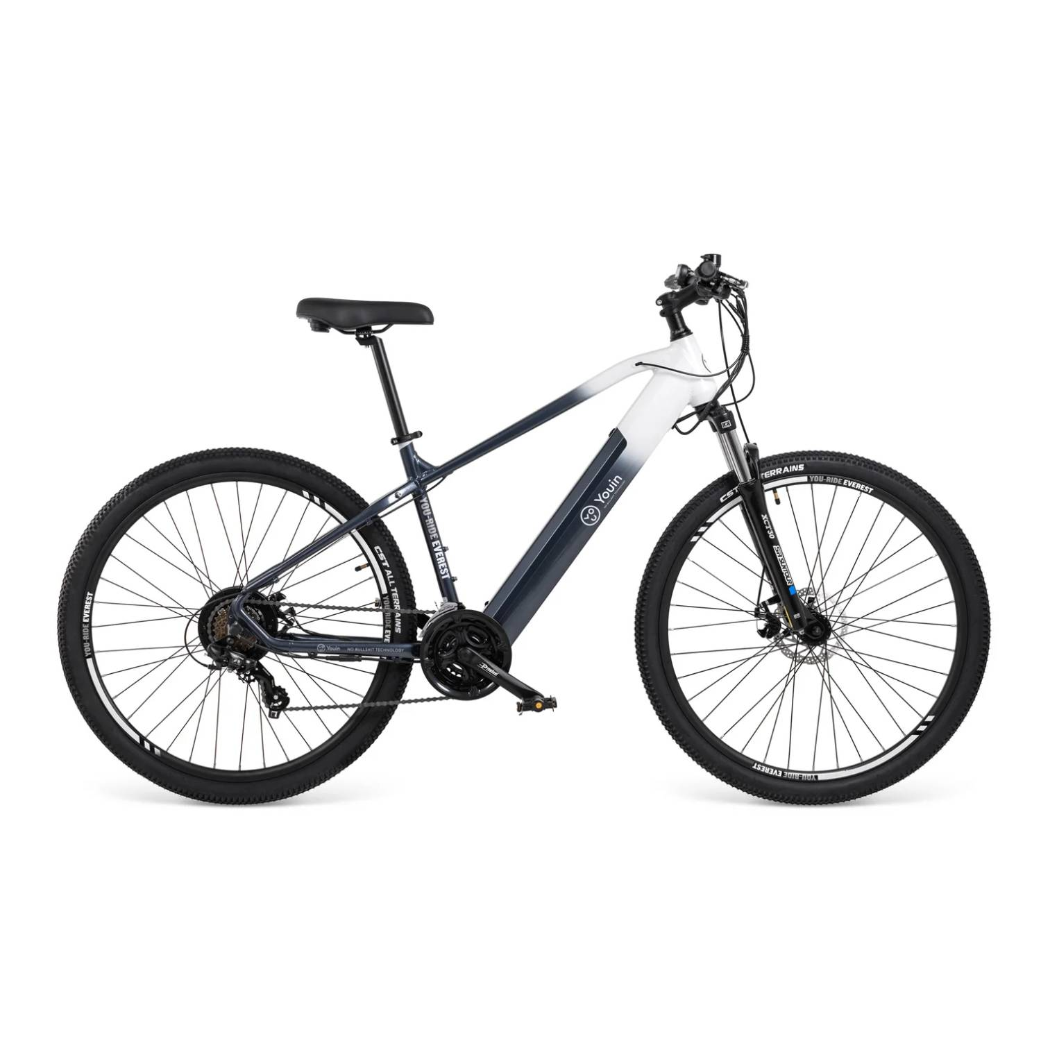 Una bicicleta eléctrica con un cuadro degradado. Está fotografiada sobre un fondo blanco. Vista lateral.