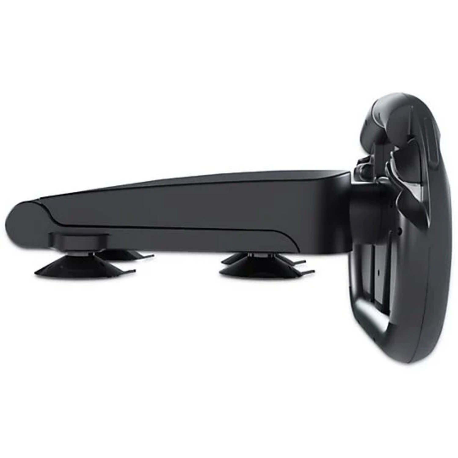 A black car phone holder with suction cups on a black background.