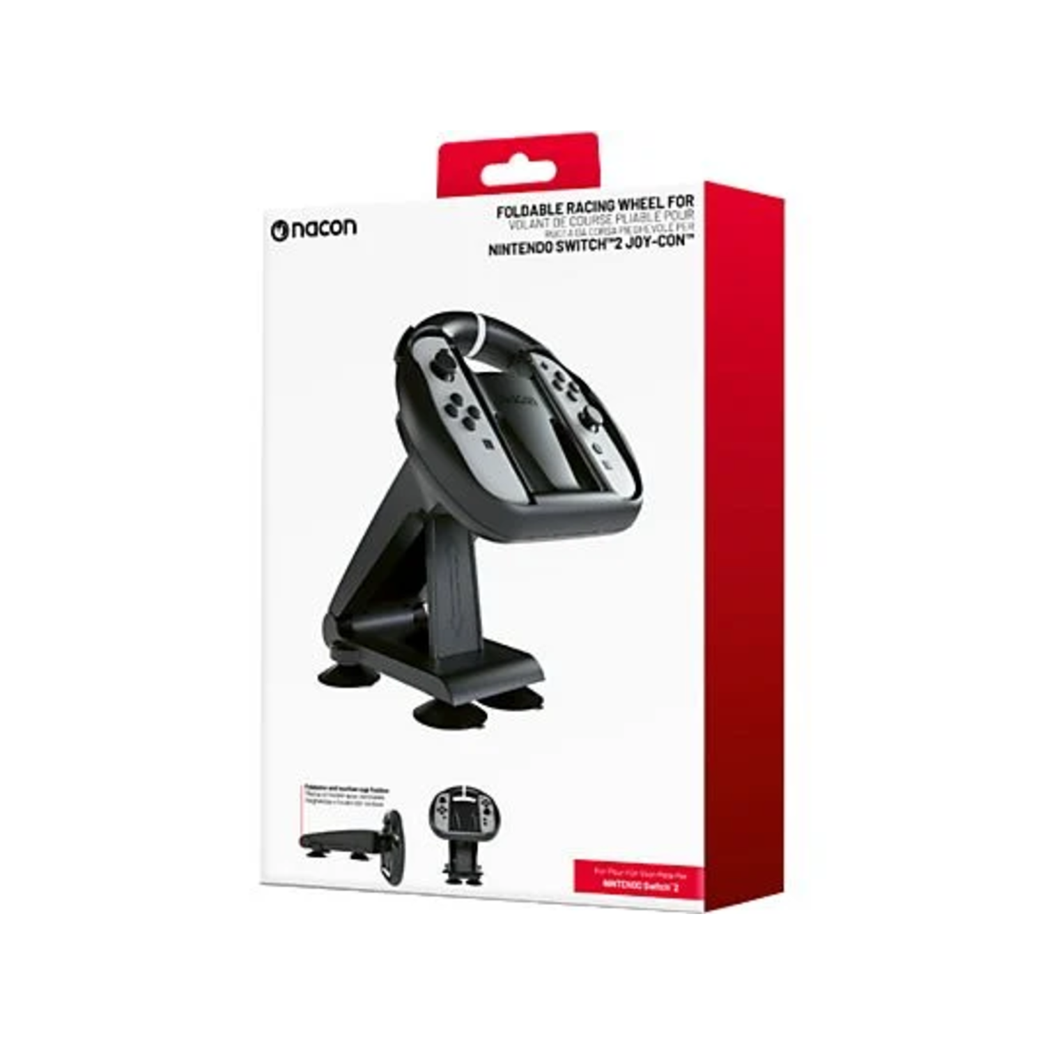 A box showing a foldable racing wheel for a Nintendo Switch controller.
