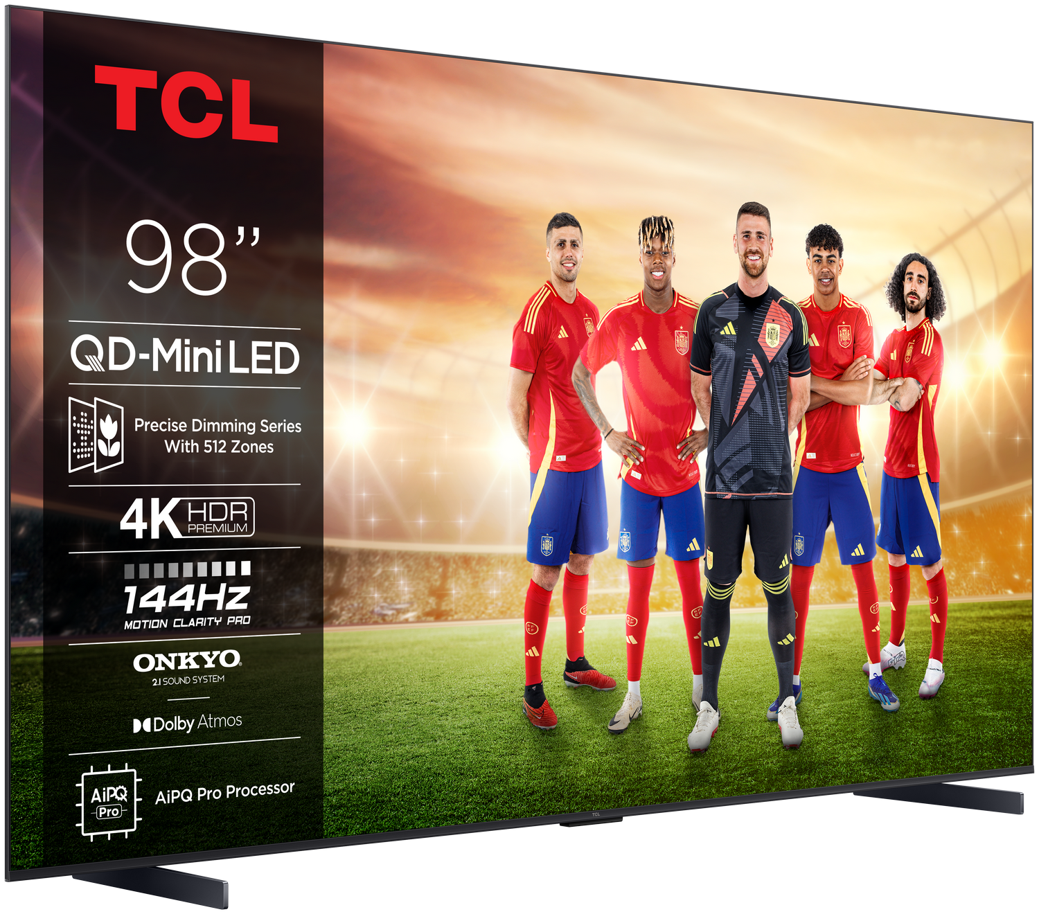 Televisor de pantalla grande que muestra un equipo de fútbol en acción.