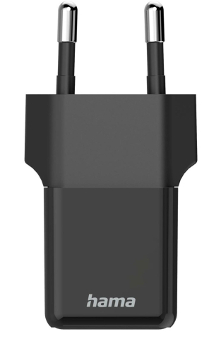 Czarna ładowarka Hama ze srebrnymi bolcami. Kwadratowy korpus z logo Hama na dole.