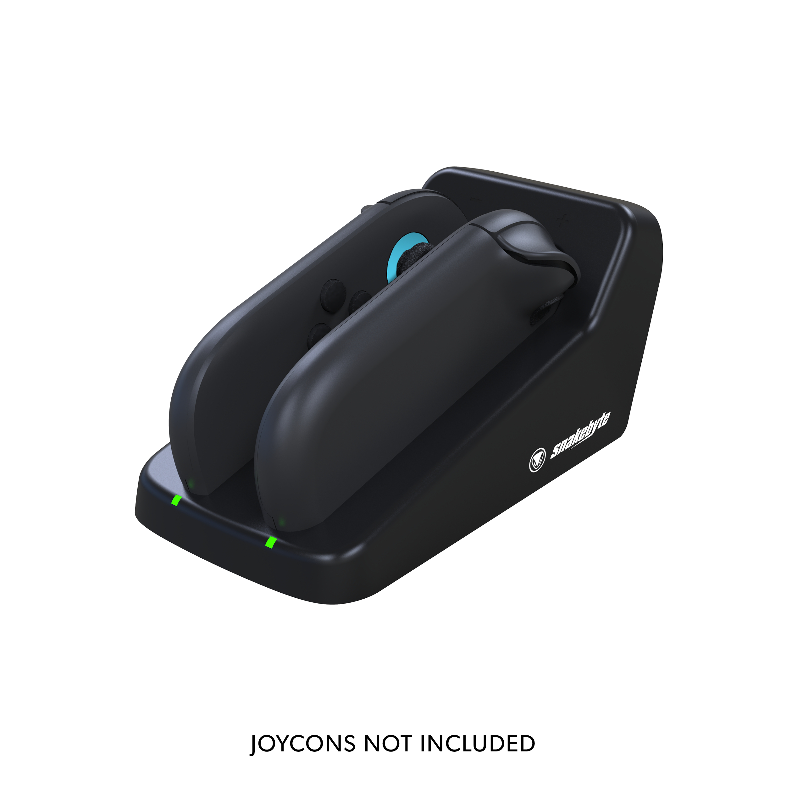 Schwarze Ladestation für Joy-Cons. Zwei Joy-Cons sind angedockt. Grüne Lichter leuchten. Joycons nicht enthalten.