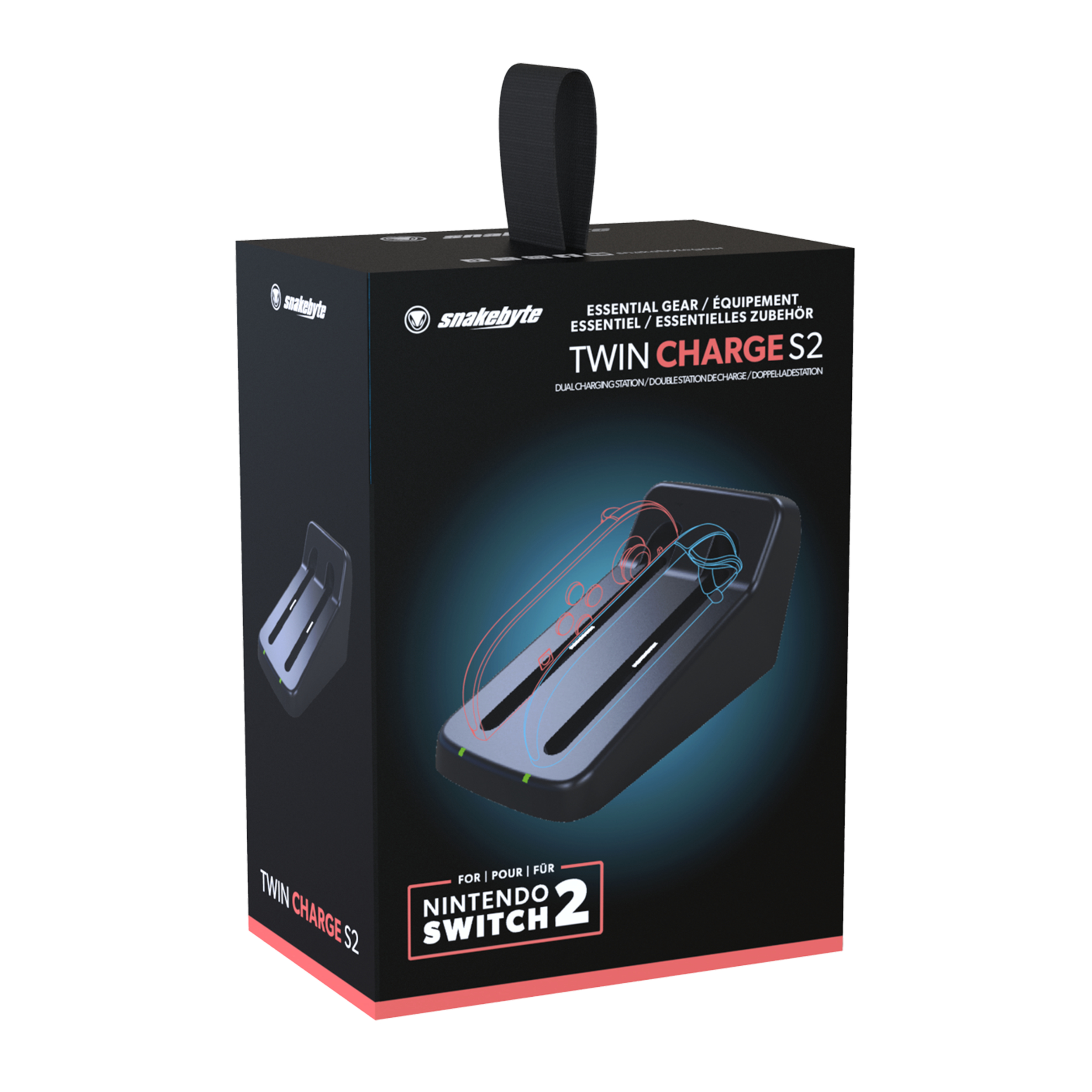 Box mit Twin Charge S2. Schwarze Ladesilhouette mit blauem und rotem Licht. Nintendo Switch-Logo.