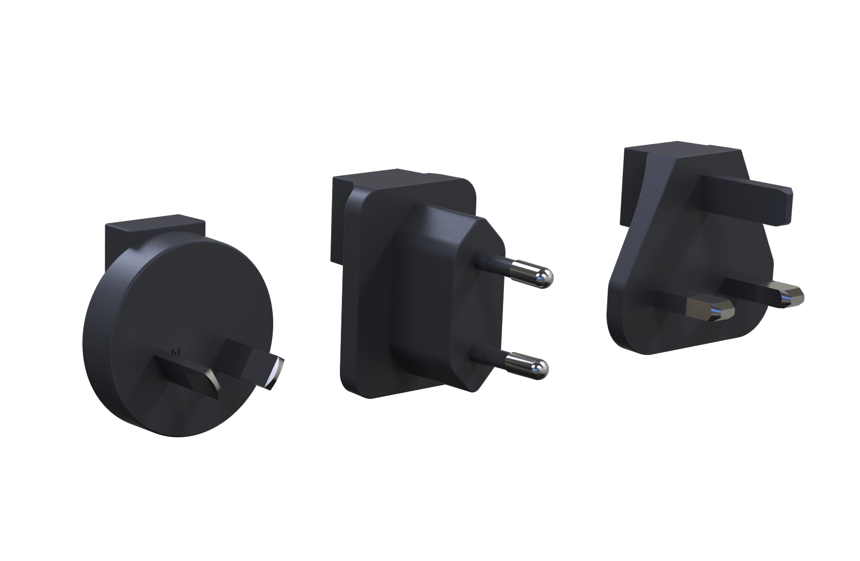 Drei schwarze Netzsteckeradapter auf weißem Hintergrund. Verschiedene Steckertypen werden gezeigt: rund, zwei-polig und dreipolig.