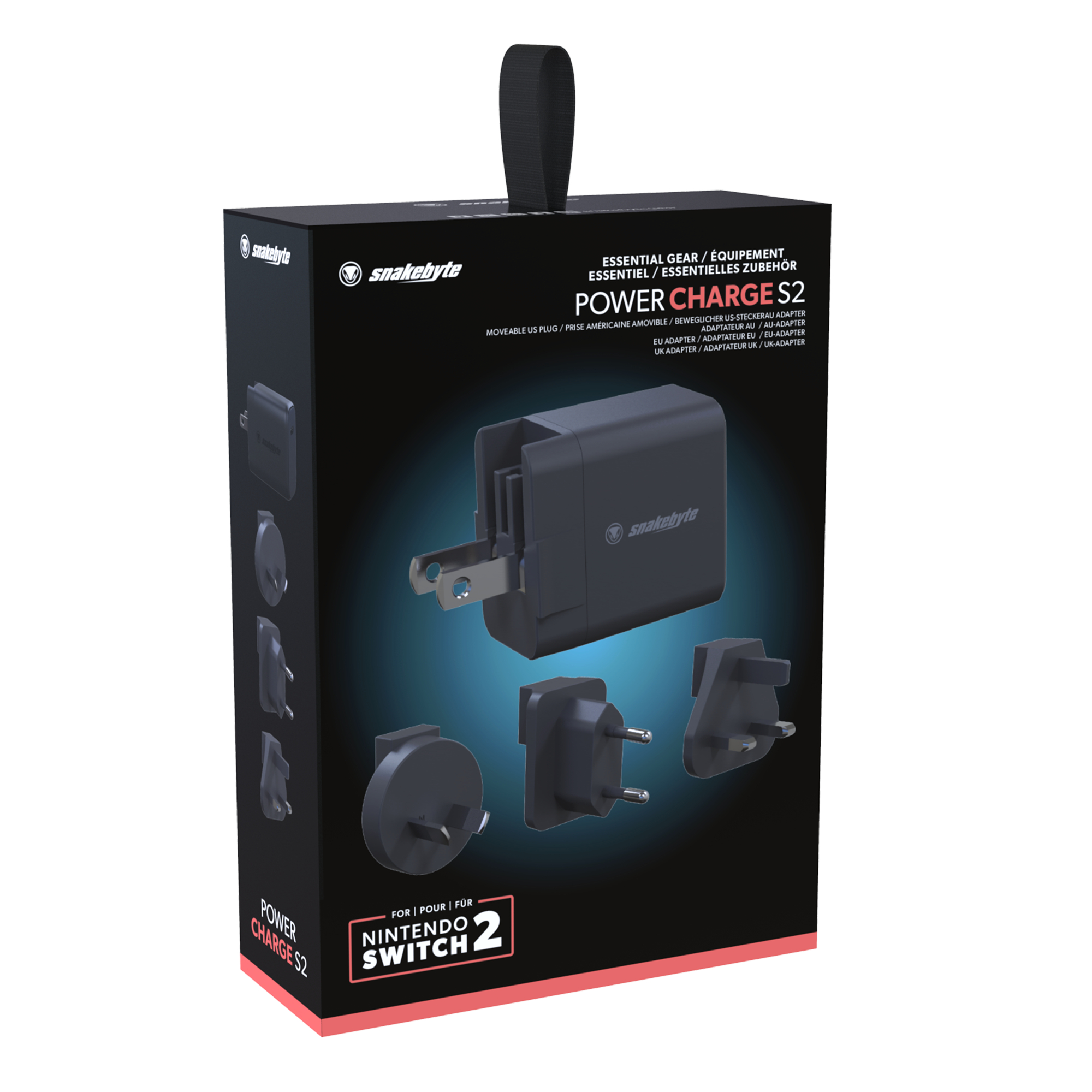 Eine schwarze und rote Box mit einem Netzteil und Steckern.