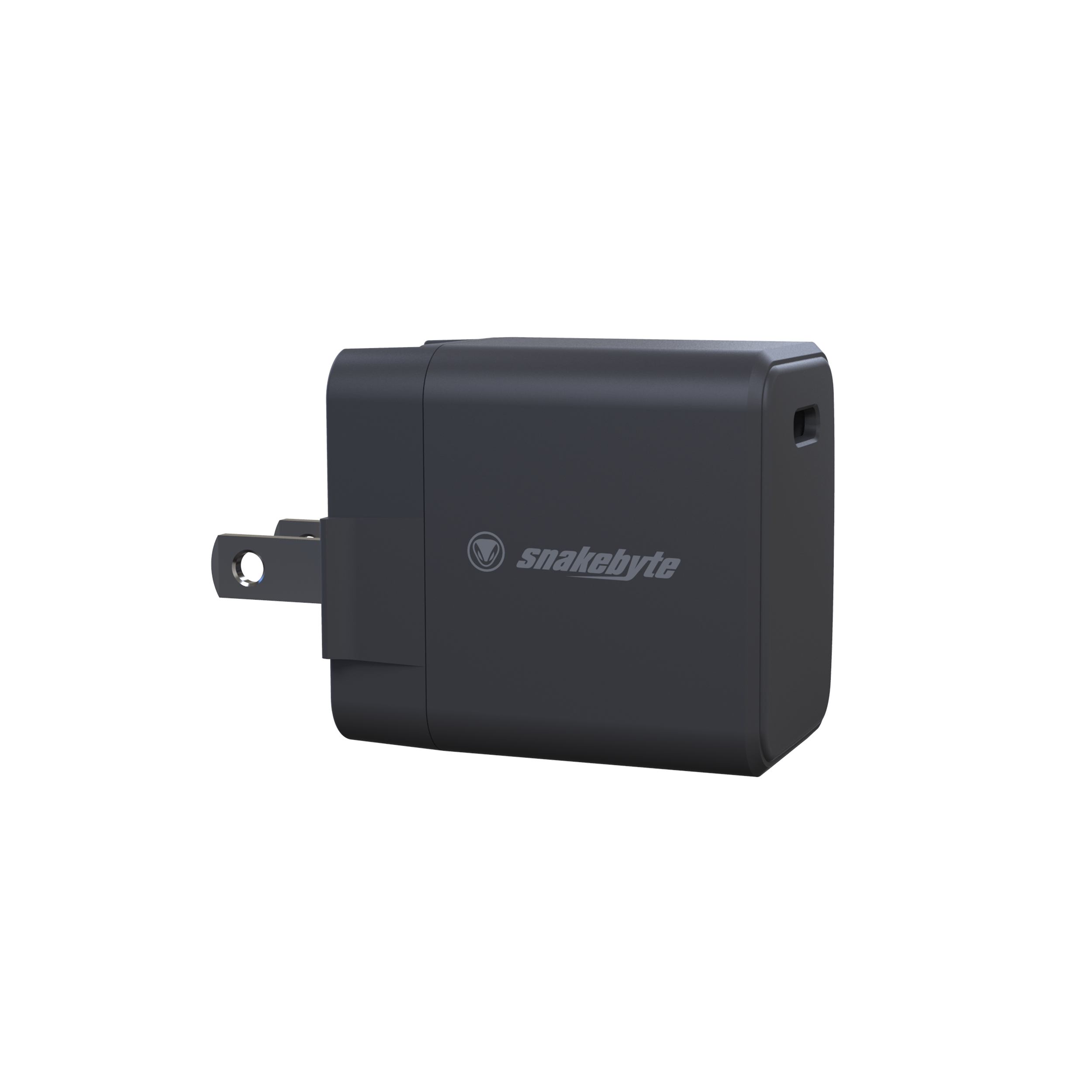Schwarzes Snakebyte-Ladegerät mit US-Stecker. Seitenansicht. Snakebyte-Logo ist seitlich sichtbar.