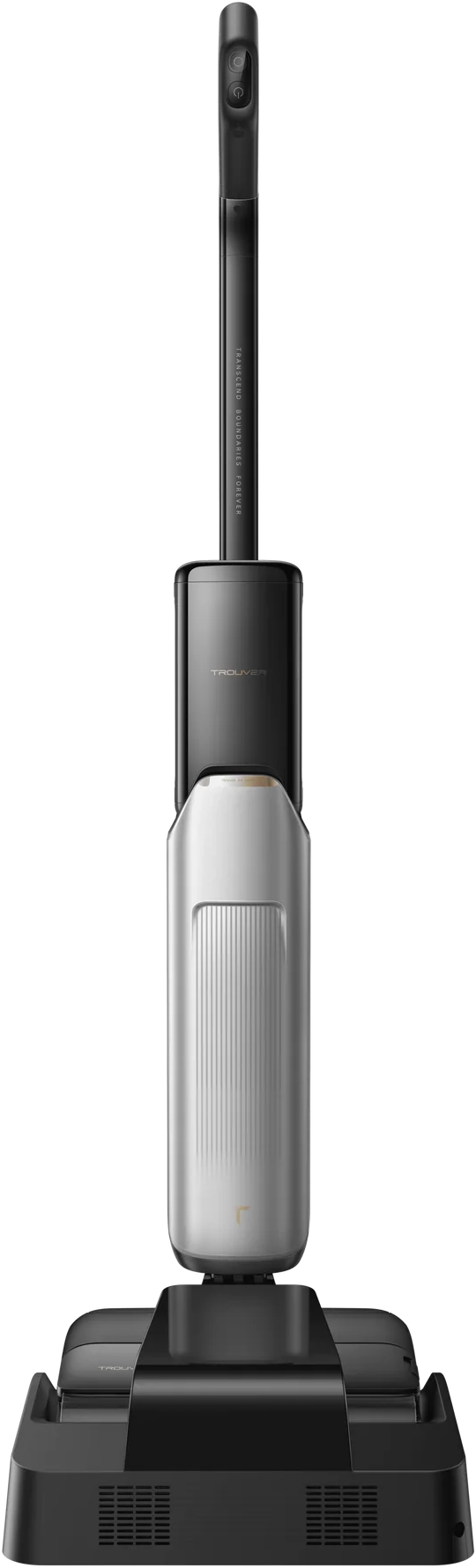Nettoyeur de sol vertical, argent et noir, avec une longue poignée et une tête de brosse.