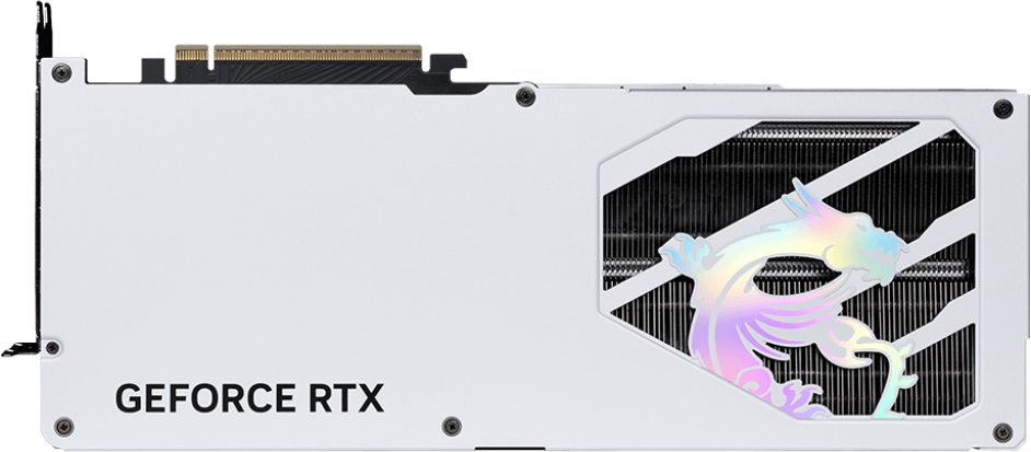 Carte graphique blanche avec logo de dragon, texte GeForce RTX et accents noirs.