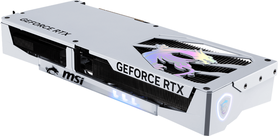 Carte graphique blanche avec logo de dragon, texte GeForce RTX et marque MSI.