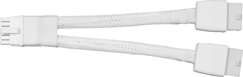 Câble d'ordinateur blanc avec deux connecteurs. Câble tressé et connecteurs en plastique blanc visibles.