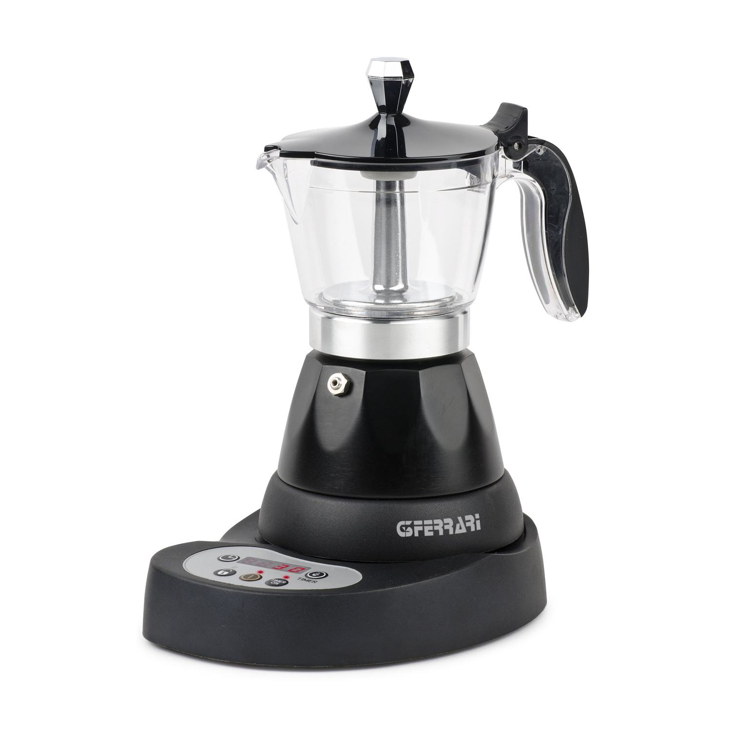 Macchina da caffè elettrica nera e argento. Parte superiore in vetro trasparente. Display digitale. Logo GFERRARI.
