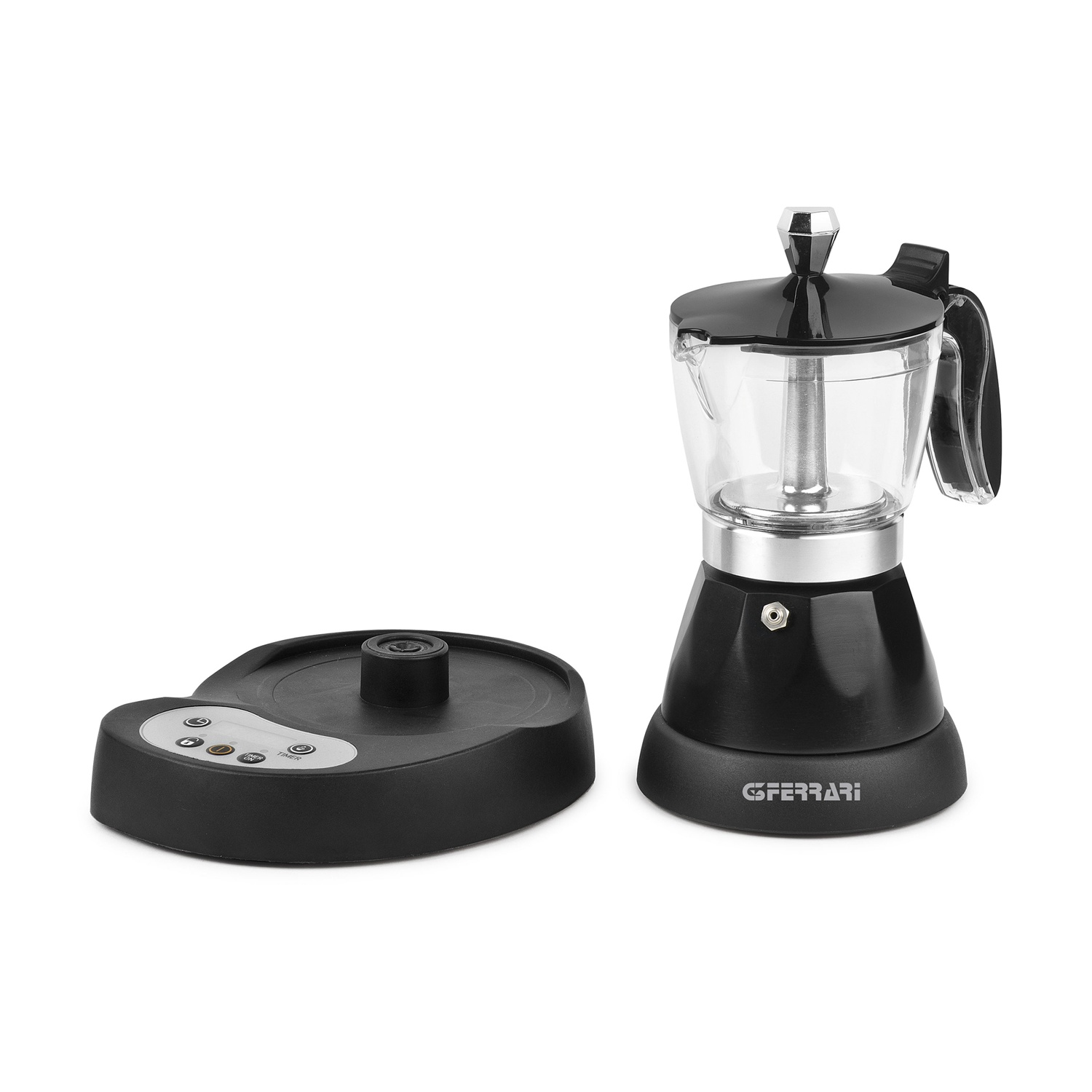 Macchina da caffè elettrica nera, base e coperchio in vetro trasparente. Logo GFERRARI sulla base.
