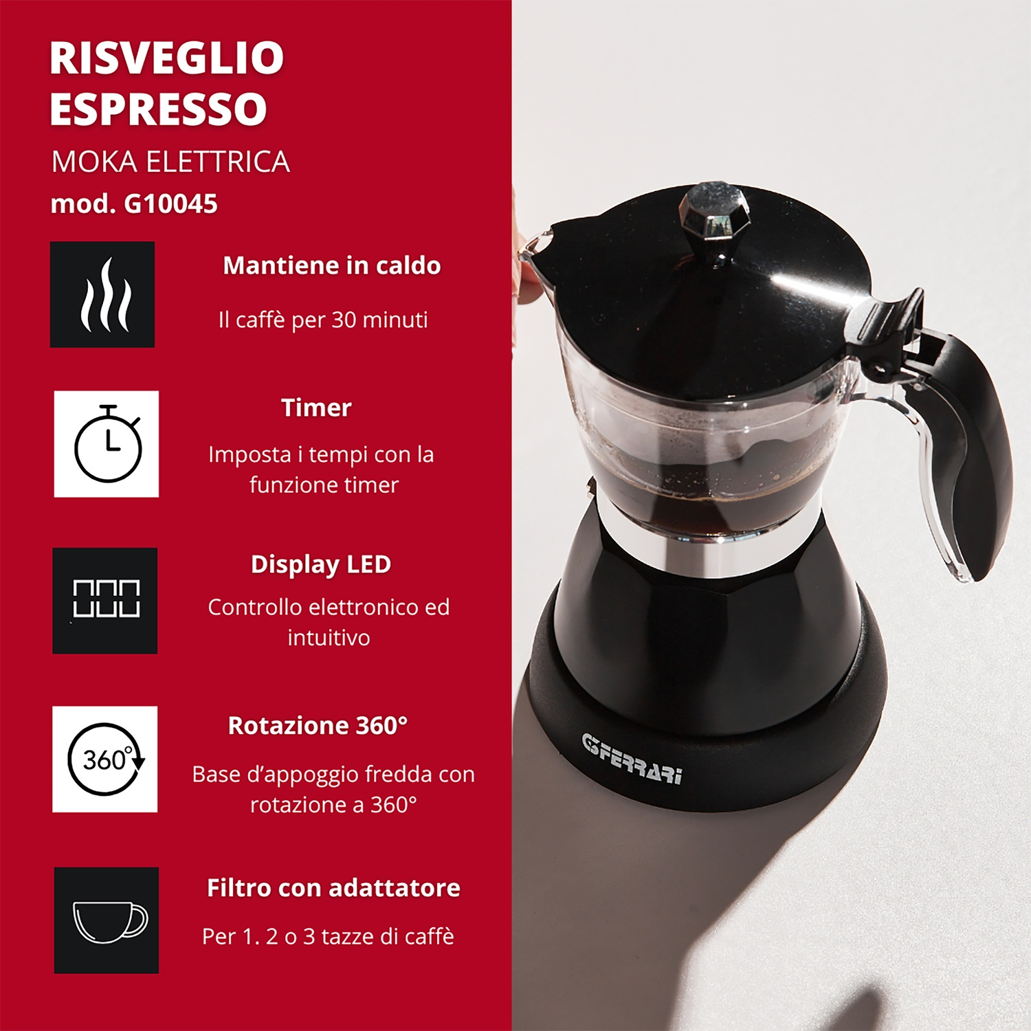 Macchina per caffè nera con icone, base nera, contenitore in vetro.