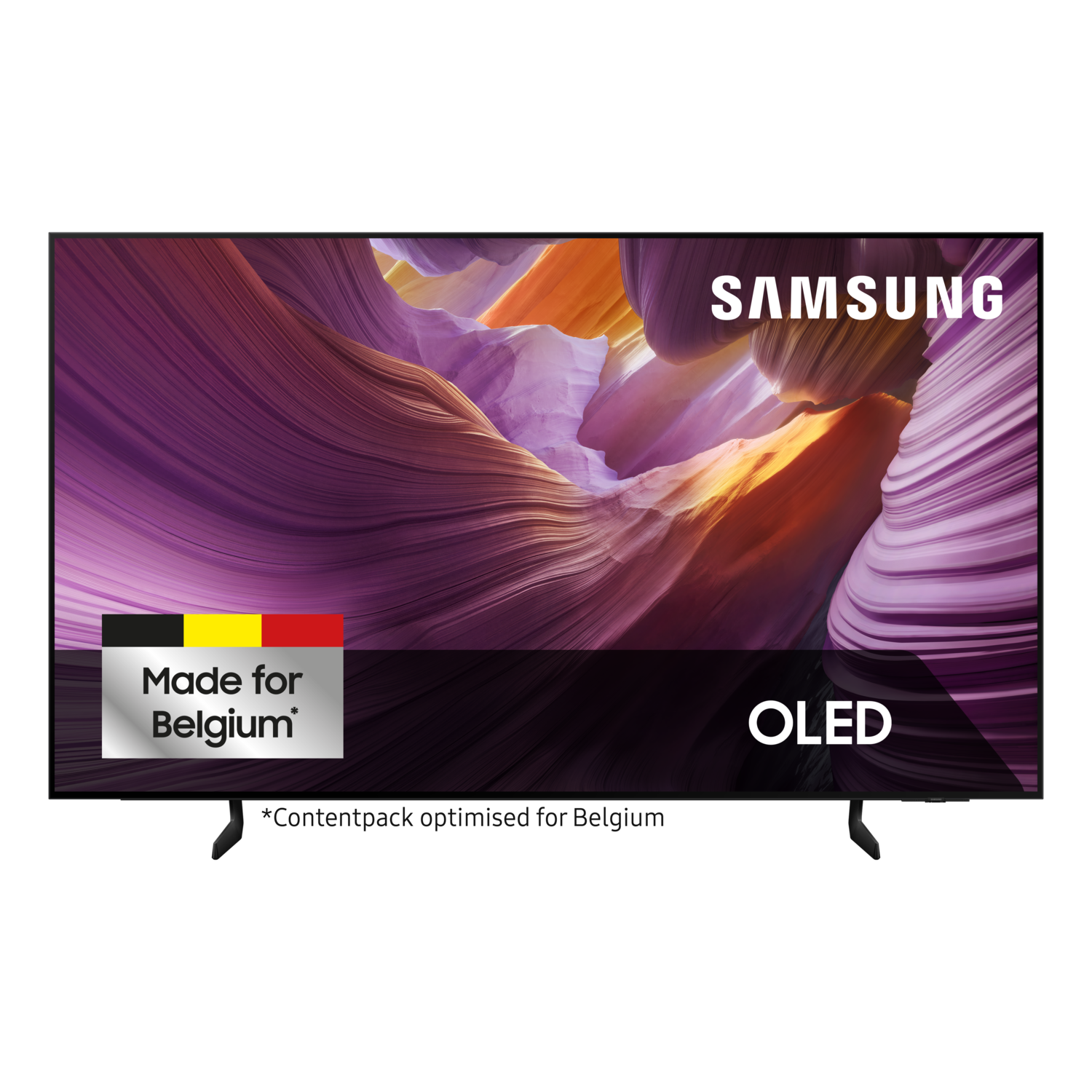 Un téléviseur Samsung OLED avec un paysage coloré sur l'écran. Logo Made for Belgium.