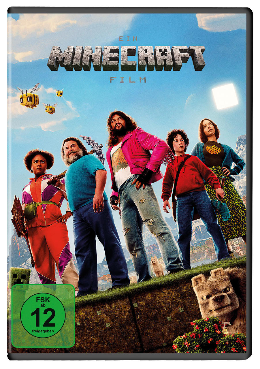 Filmcover von 'Minecraft Film' mit Schauspielern und einer Minecraft-Szene, mit 'FSK 12' Siegel.