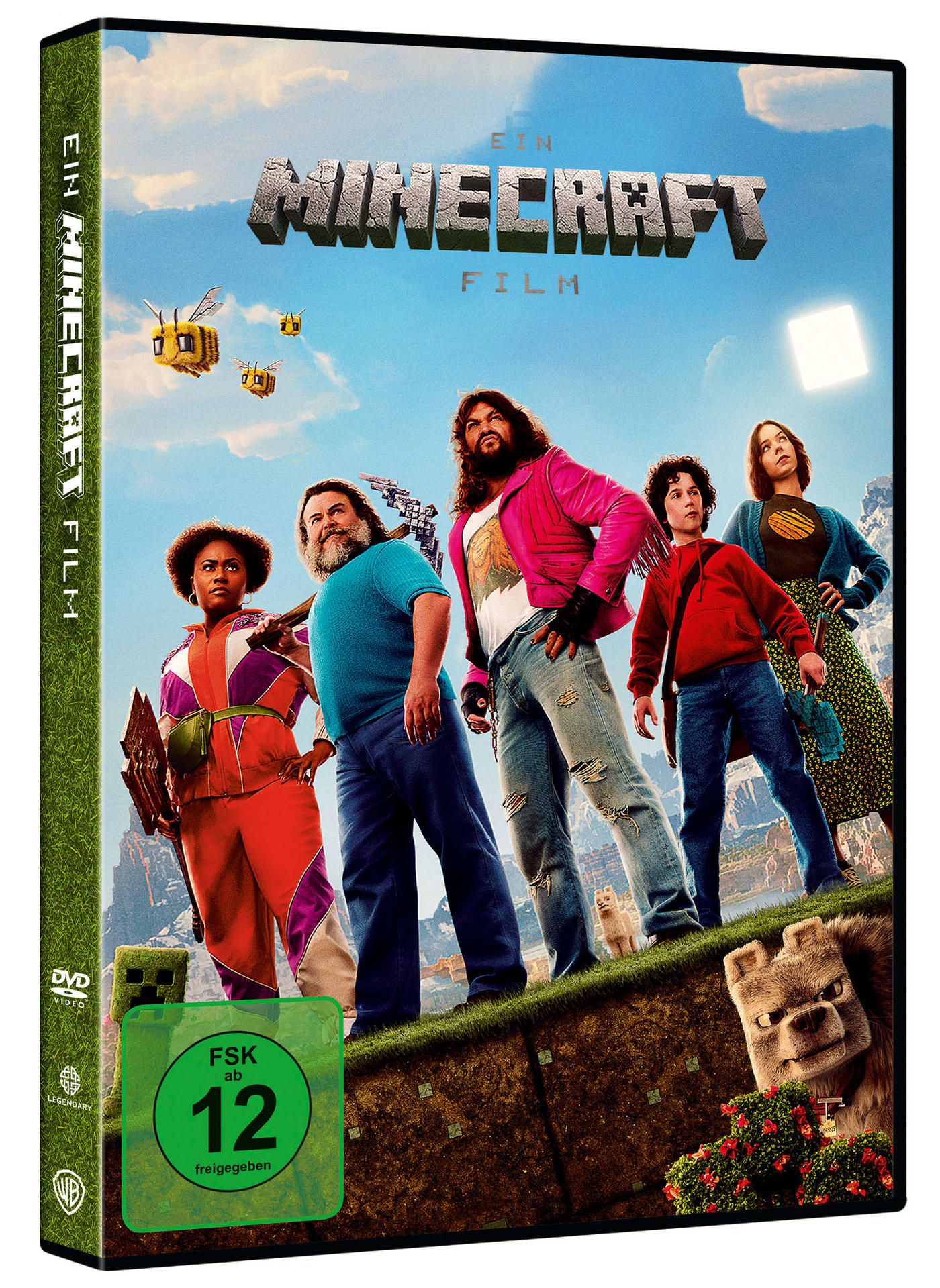DVD-Cover, Minecraft-Film. Charaktere stehen auf einer Kante, Bienen fliegen. Titel: 'Ein Minecraft Film'.