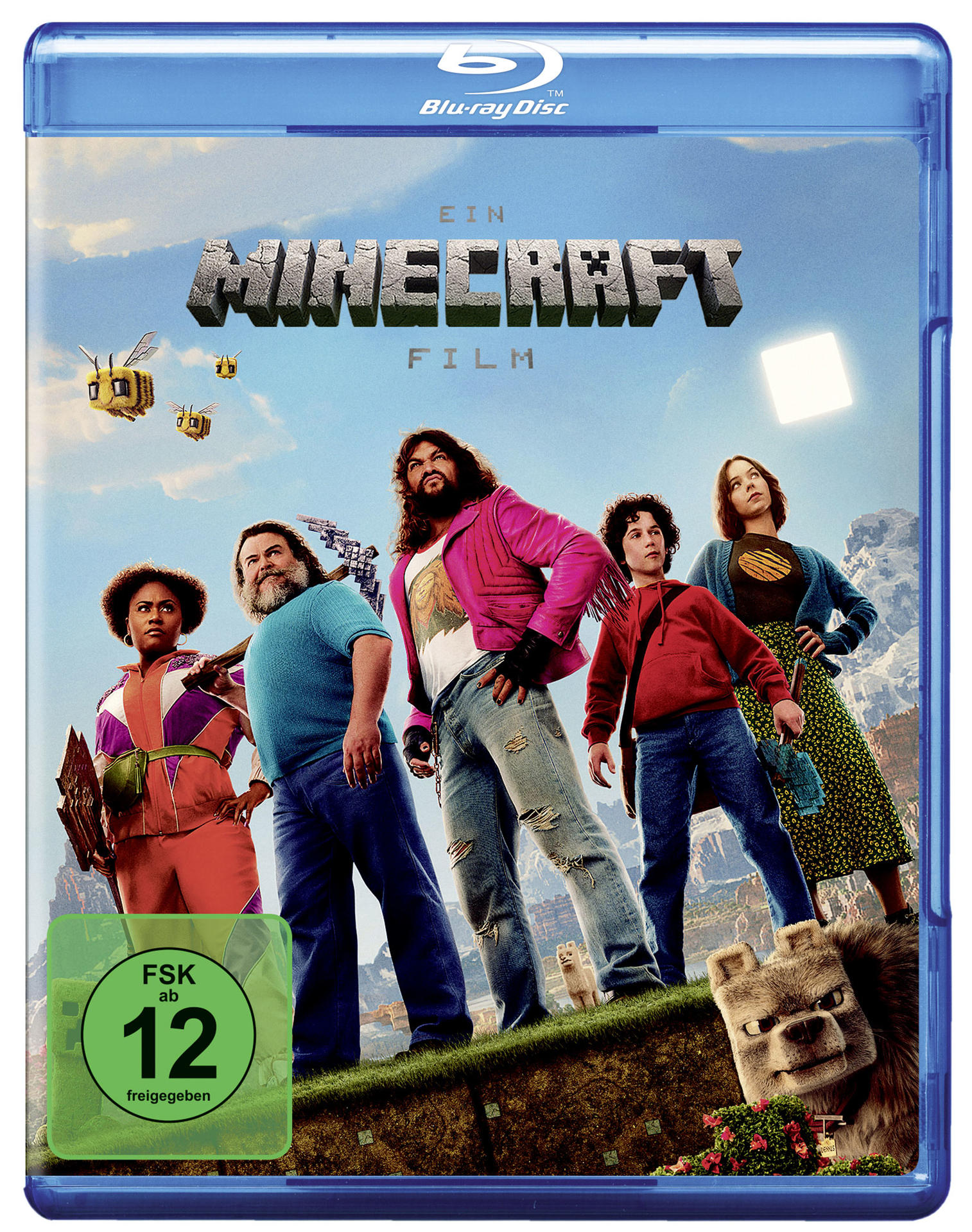 Minecraft Film Blu-ray Hülle. Fünf Personen sind auf dem Cover, mit Minecraft Logo und Charakteren.