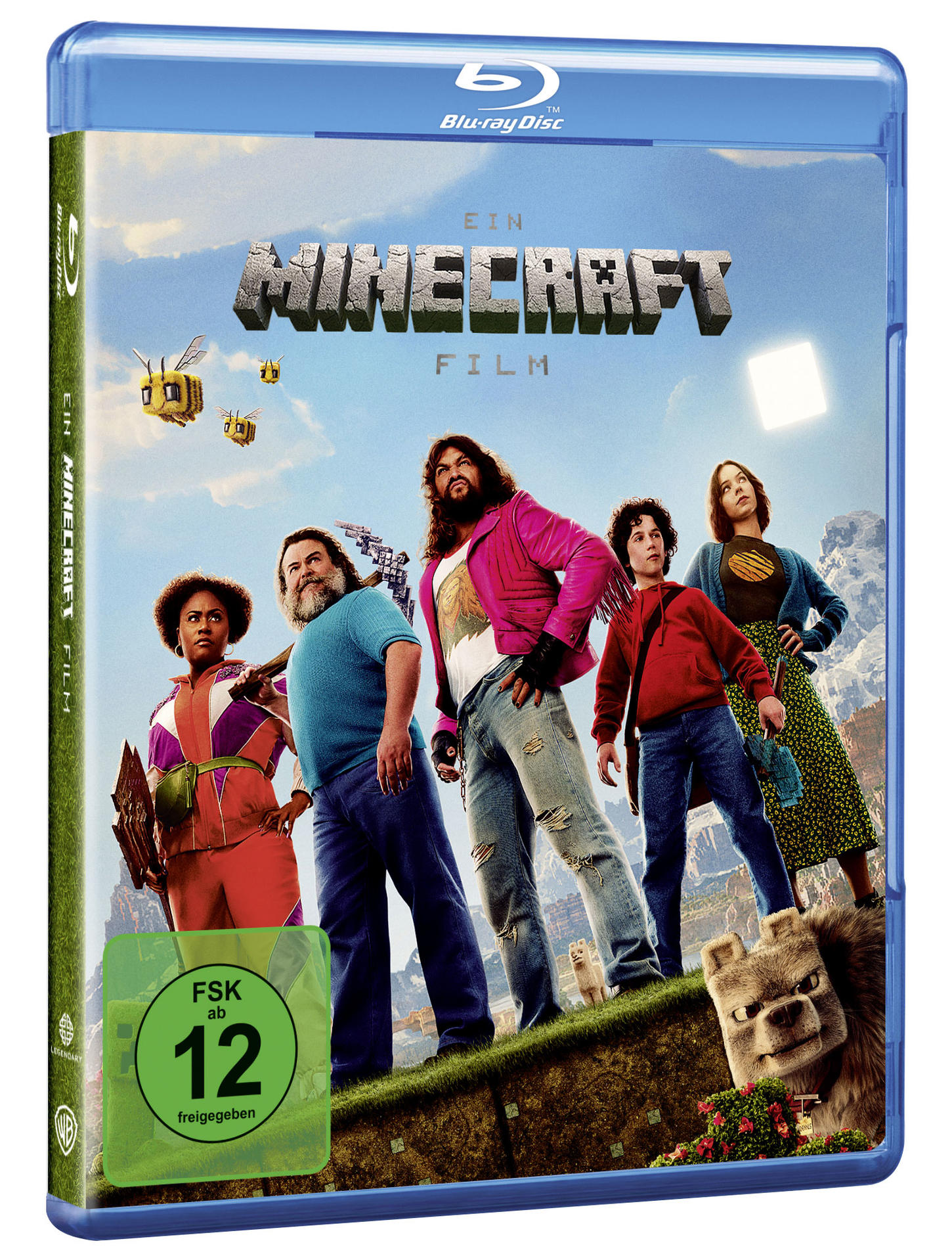 Blu-ray-Disc-Hülle für den Film „Ein Minecraft Film“ mit einer Gruppe von Leuten.