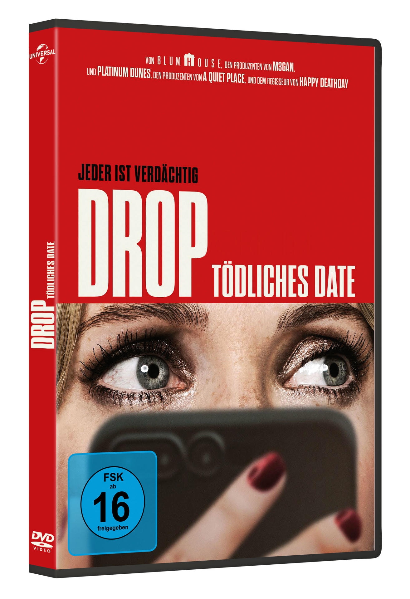 Filmcover mit Augen, die ein Telefon betrachten, mit rotem Nagellack auf den Nägeln.
