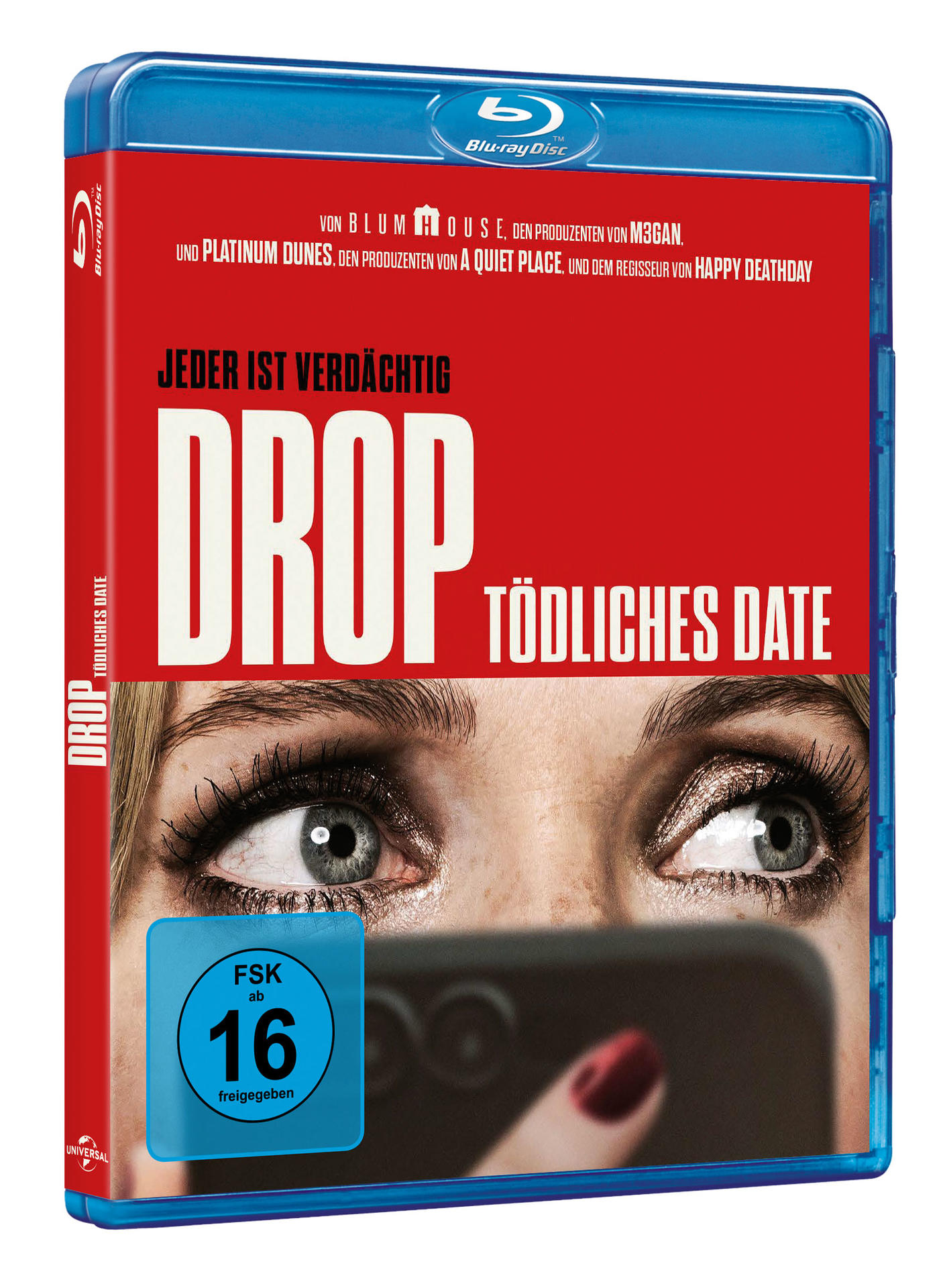 Filmcover mit Augen, die ein Telefon betrachten, mit rotem Nagellack auf den Nägeln.
