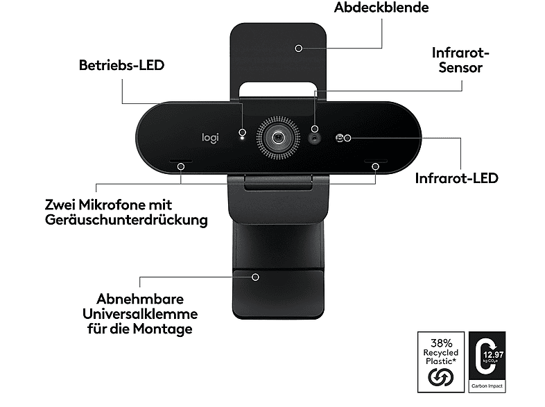 LOGITECH Brio 4K Webcam für Videokonferenzen und Streaming, USB, Hellgrau — Foto 4 von 5