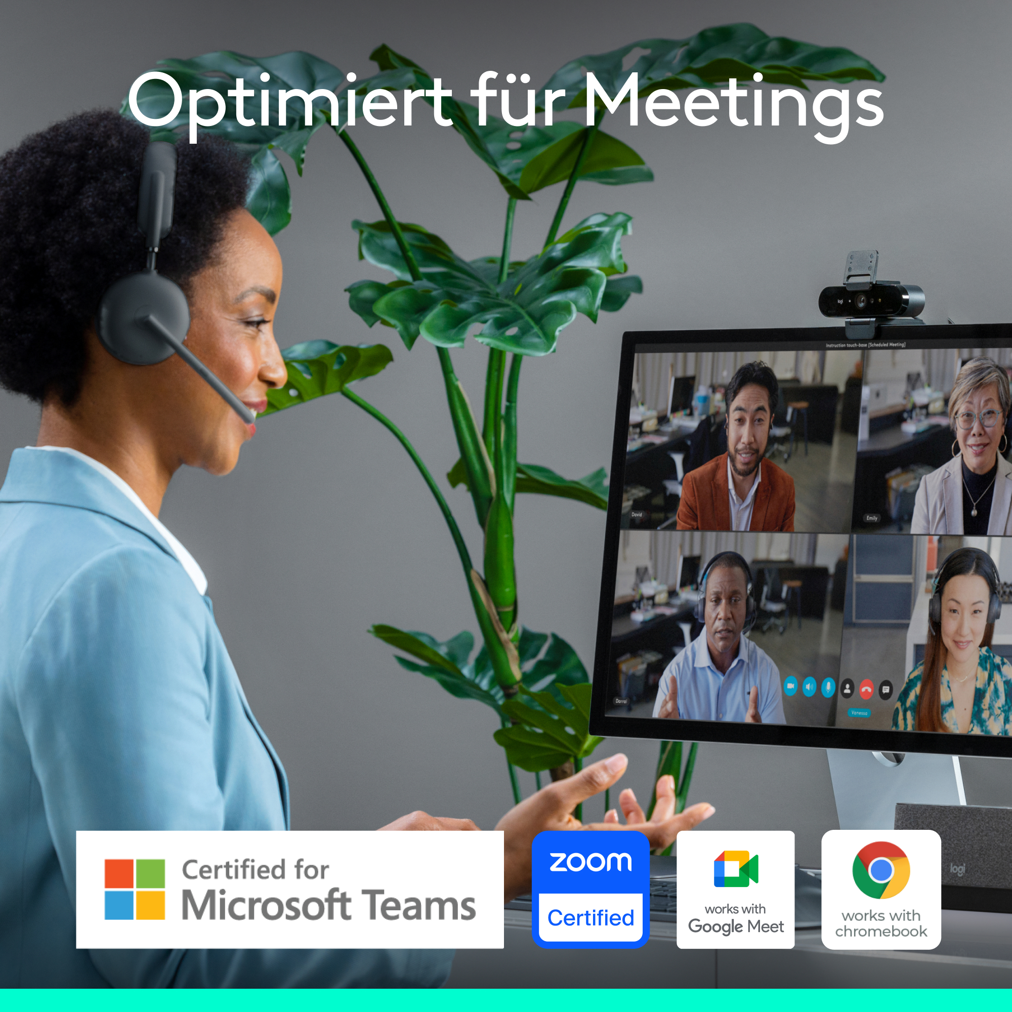 Webcam auf einem Computerbildschirm mit einem lächelnden Gesicht. Text: Hello BRIO.