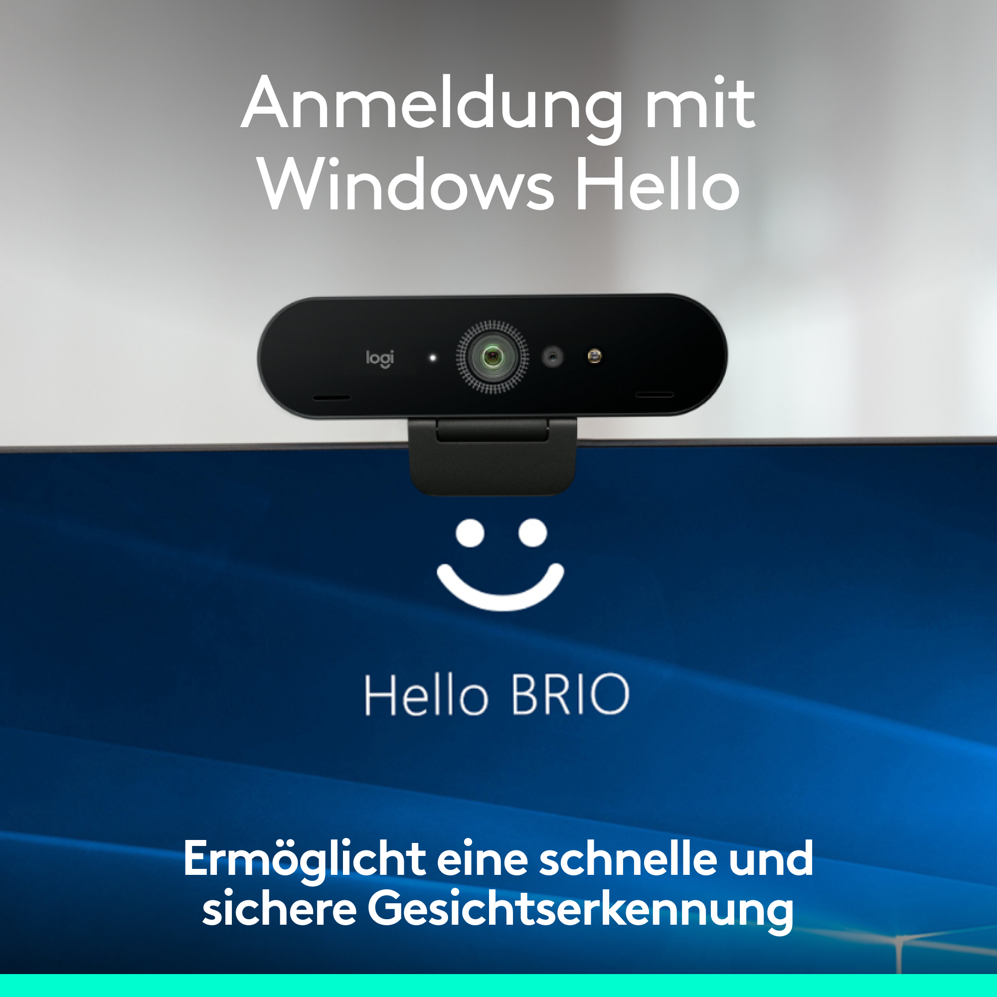 Webcam mit Symbolen für recycelten Kunststoff, Aluminium, umweltfreundliche Verpackung und CO2-Fußabdruck.