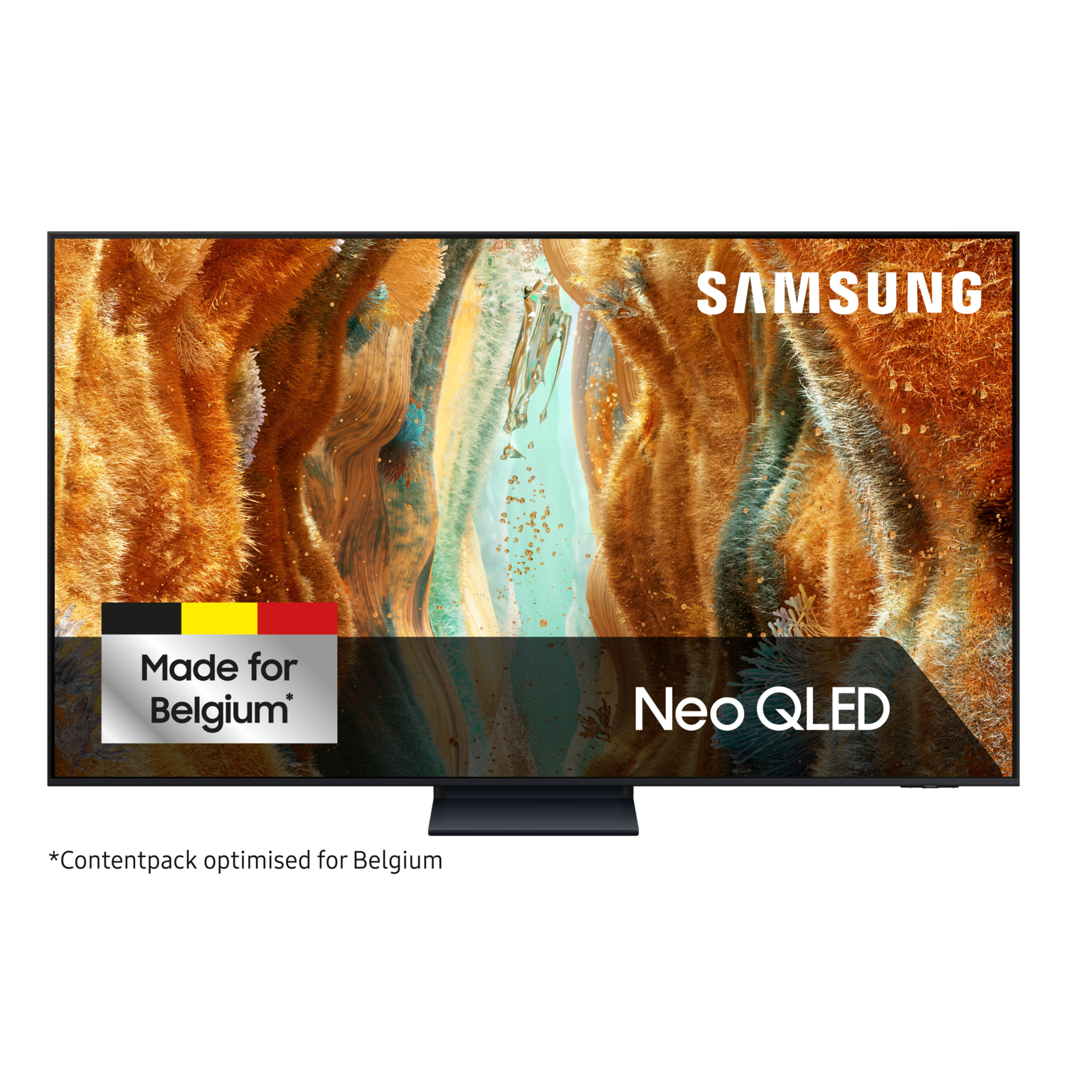 Samsung Neo QLED TV. Gemaakt voor België. Toont een kleurrijk, abstract beeld.