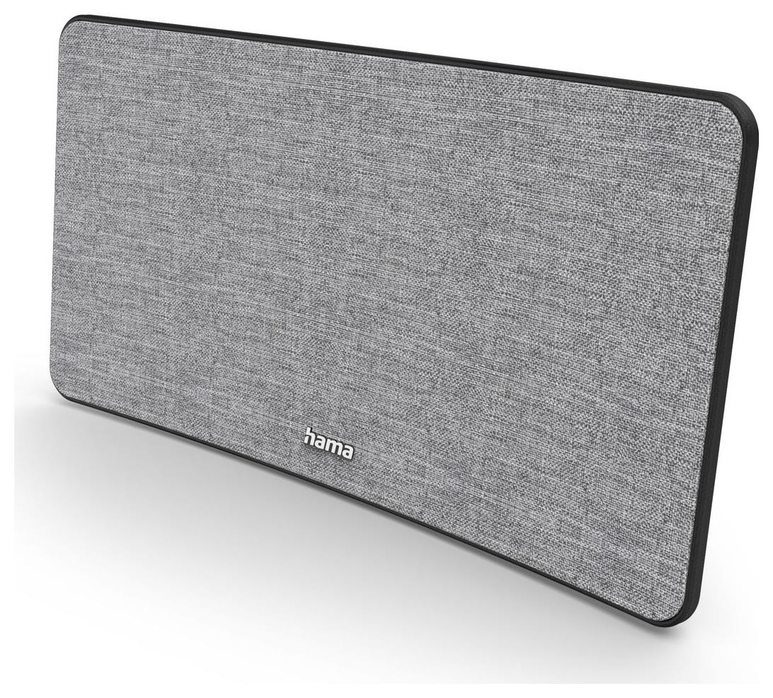 Szary głośnik z tkaniny z czarną ramą. Widoczne logo Hama. Widok z góry na białej powierzchni.