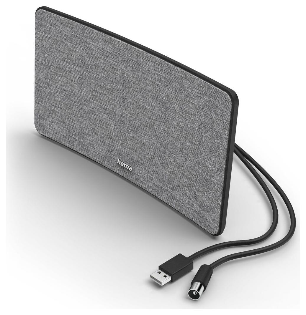 Szara antena z tkaniny z czarną ramą. Kabel USB i koncentryczny. Widoczne logo Hama.