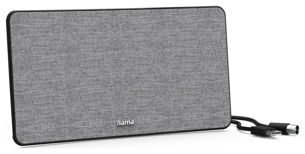 Szara antena z tkaniny z czarną ramą. Kabel USB i koncentryczny. Logo Hama. Biała powierzchnia.