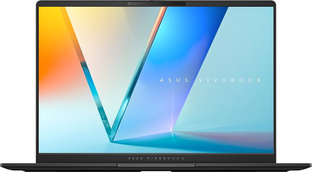 Laptop színes képernyővel, amely az 'ASUS VIVOBOOK' szavakat jeleníti meg.