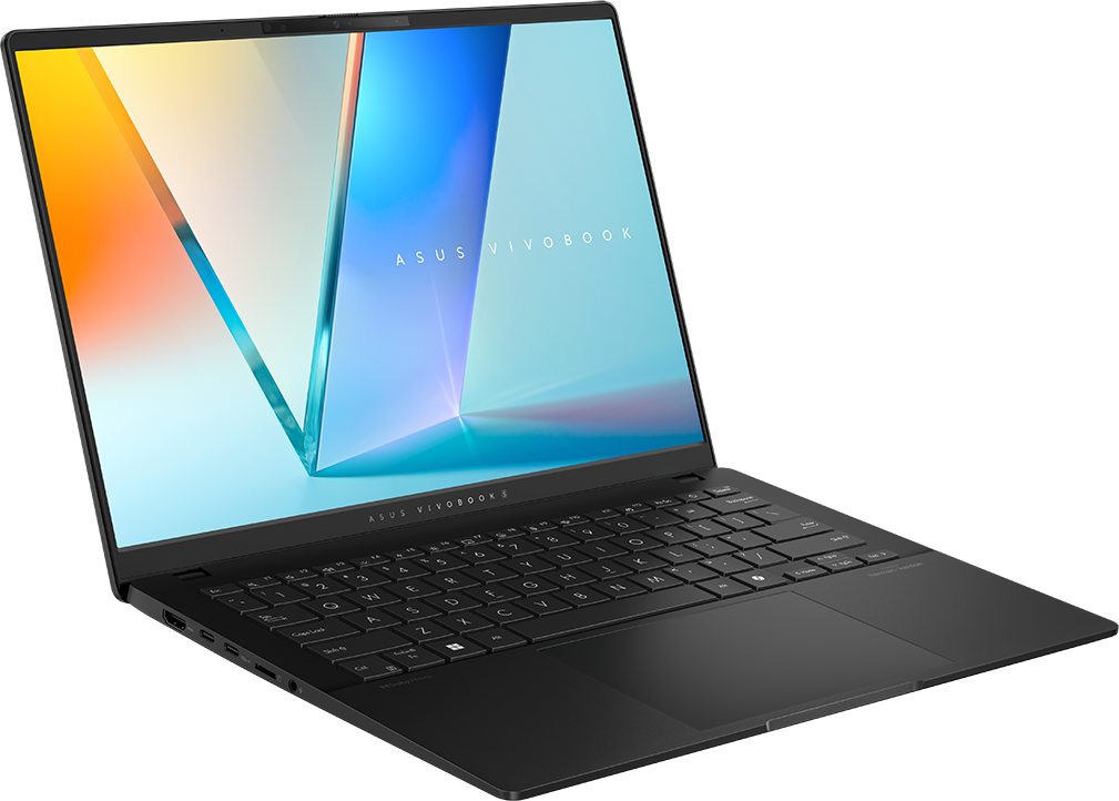 Fekete laptop bekapcsolt képernyővel, színes grafikákat mutatva.