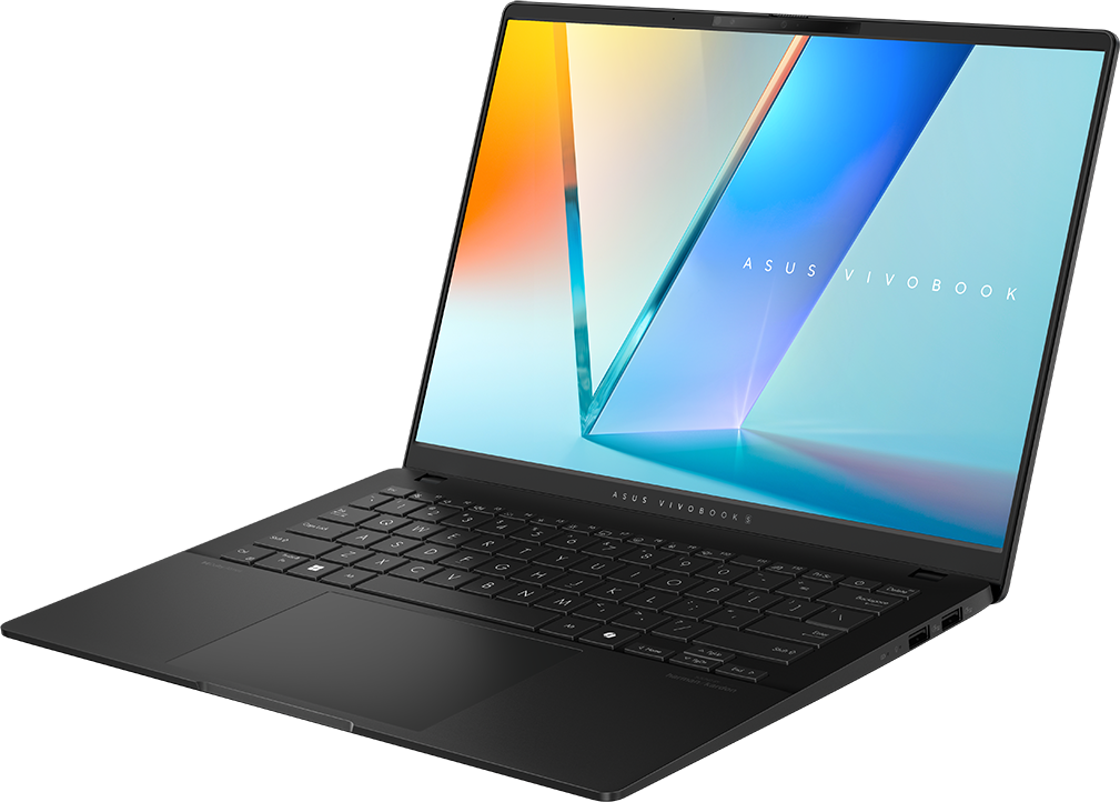 Laptop bekapcsolt képernyővel, színes grafikákat mutatva. Billentyűzet és touchpad látható.