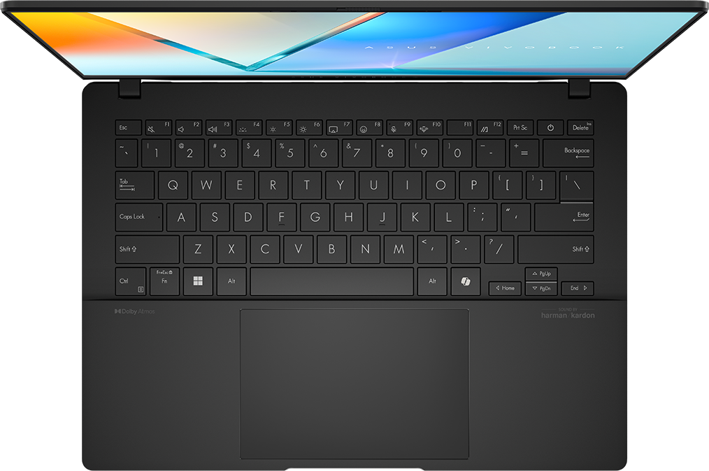 Laptop billentyűzet felülről. A gombok láthatók. Touchpad alul.