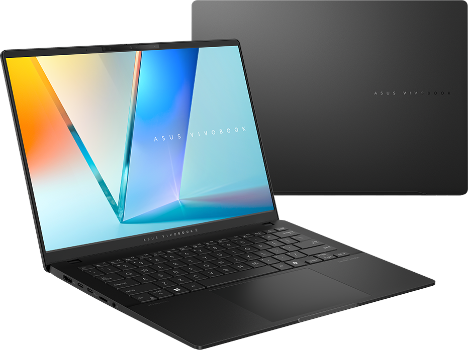 Zárt laptop, a képernyőt és a hátlapot mutatja. Az ASUS VIVOBOOK név látható.